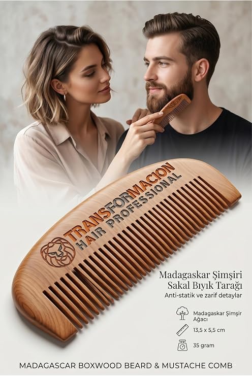 Transformacion Madagaskar Şimşir Sakal ve Bıyık Tarağı - Antistatik Ahşap Erkek Bakım Tarağı, Sakal Şekillendirici ve Yatıştırıcı El Yapımı Doğal Tarak 723305