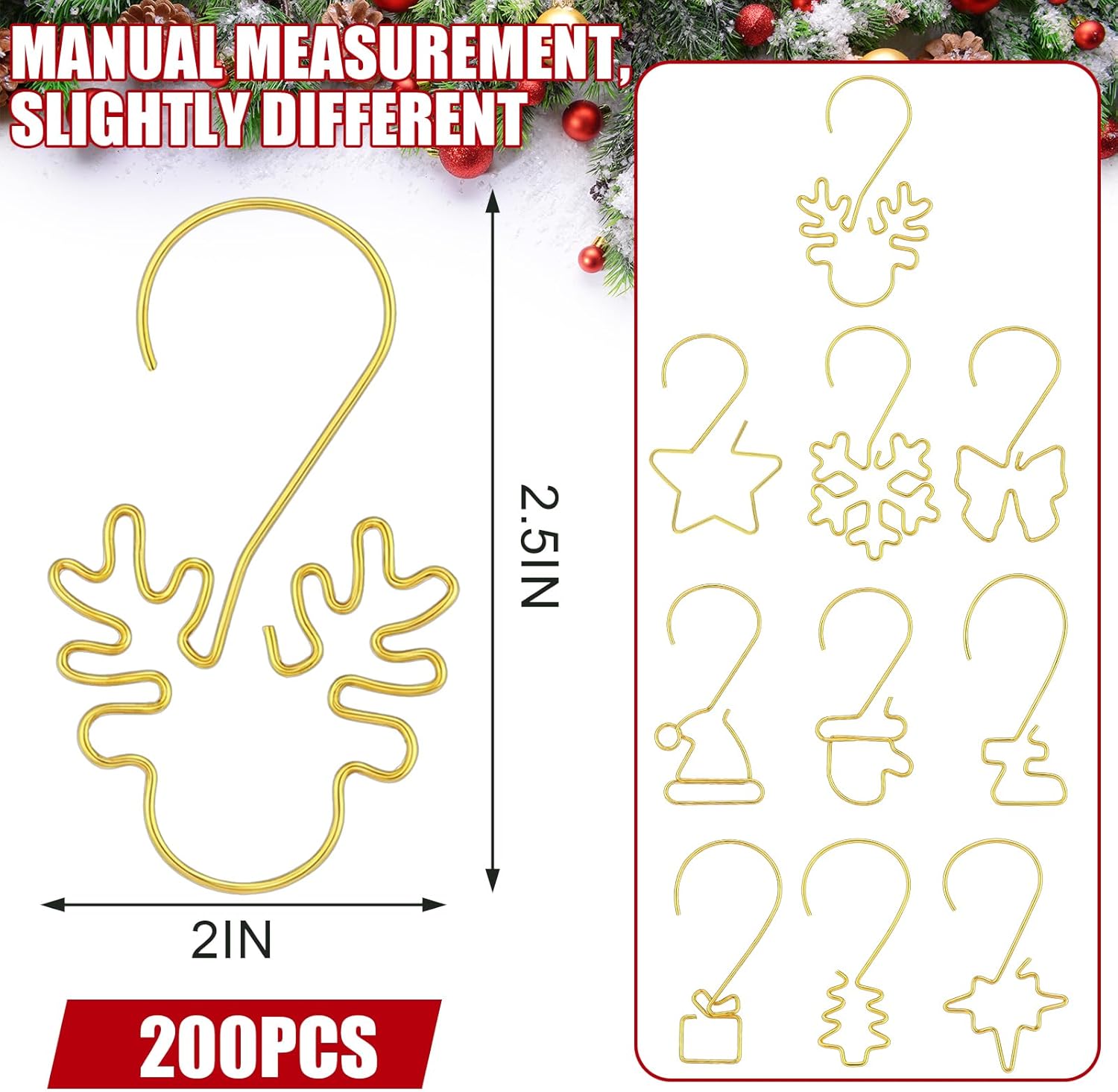 Yookeer 200 Pcs Gold Christmas Ornament Hooks 2 Inch 10 Styles Christmas Tree Ornament Hangers Including Deer Antler, Star, Snowflake, Gift Box. Etc, Durable Iron Metal Hooks for Xmas Tree Hanging - Image 2
