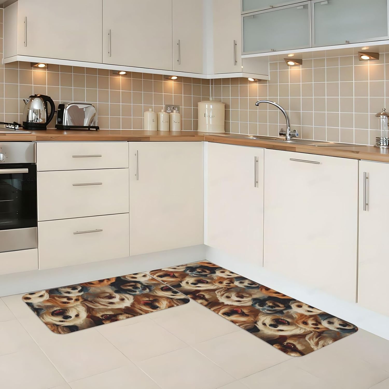 Cute Dogs Print Kitchen Rugs Sets of 2 Non Slip Washable, Anti Fatigue Kitchen Mats for Floor, Home Decor