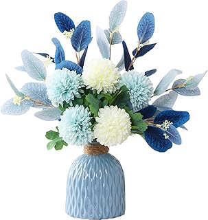 Ortensia artificiale composizione floreale con foglie di eucalipto per sala da pranzo, tavolo centrotavola decorazione per interni (blu + vaso)