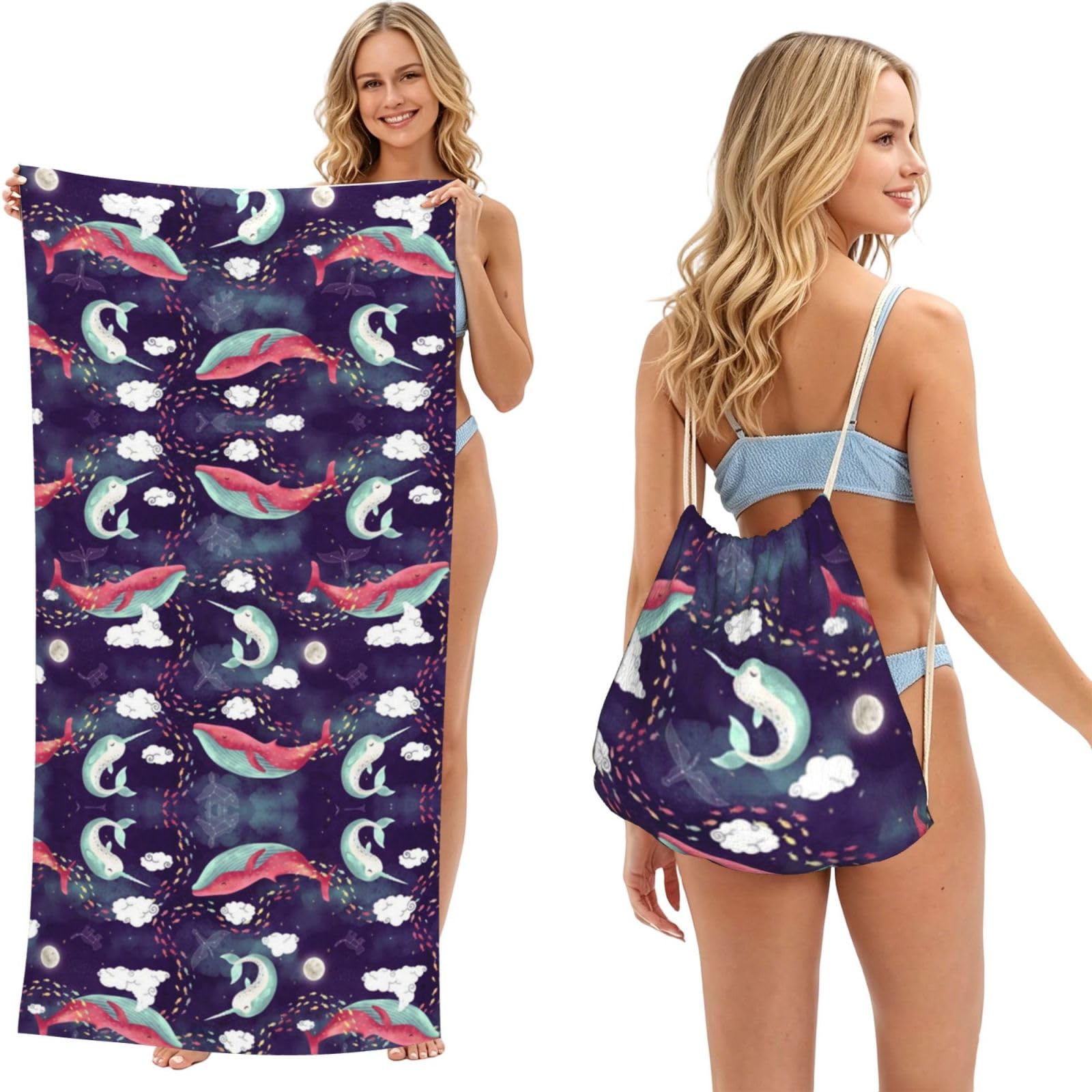 SATUSA Whale Print 2-In-1 Foldable Beach Towel Backpack â€“ Camping, Yoga And Travel,Bath Towel With Built-In Storage, Convertible Beach Mat & Carry Bag