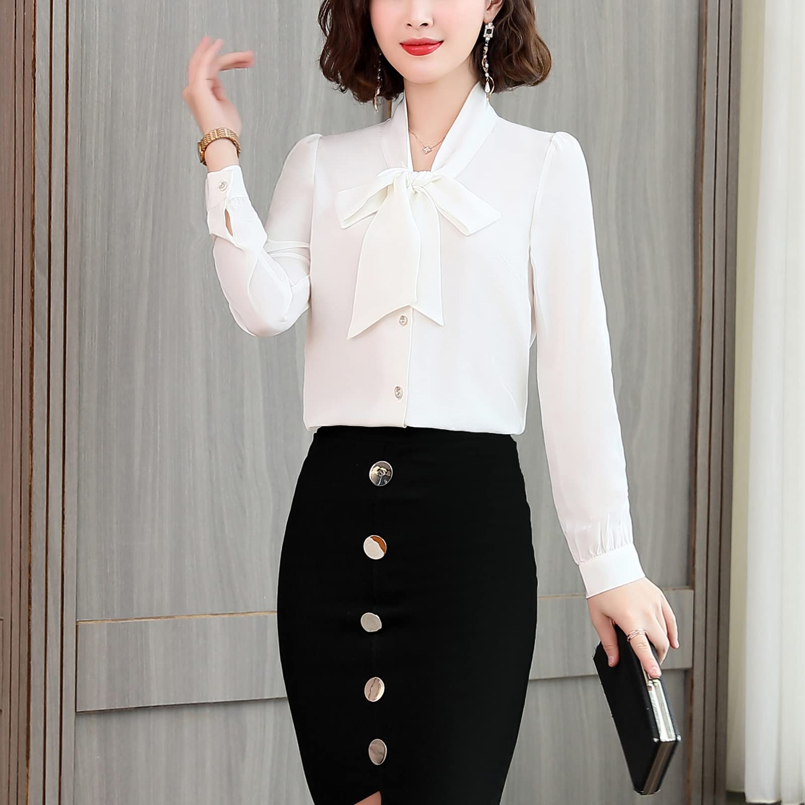 DISSA Chemise Soie Col Lavallière Manches Longues Boutonnée Top