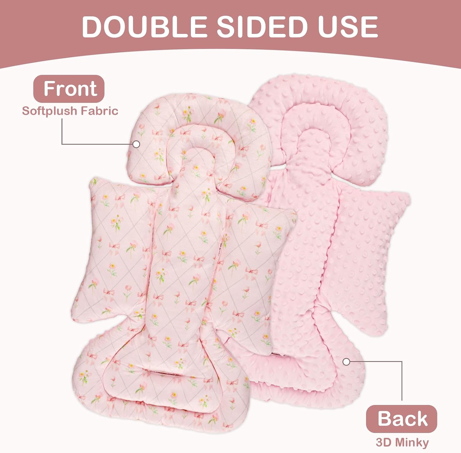 Infant Car Seat Insert with 3 Strap Covers, Soft Car Seat Head Support for Baby Girls, Plush Fabric Newborn Insert for carseat, Strollers, Swings, Bouncer, Flower Bow