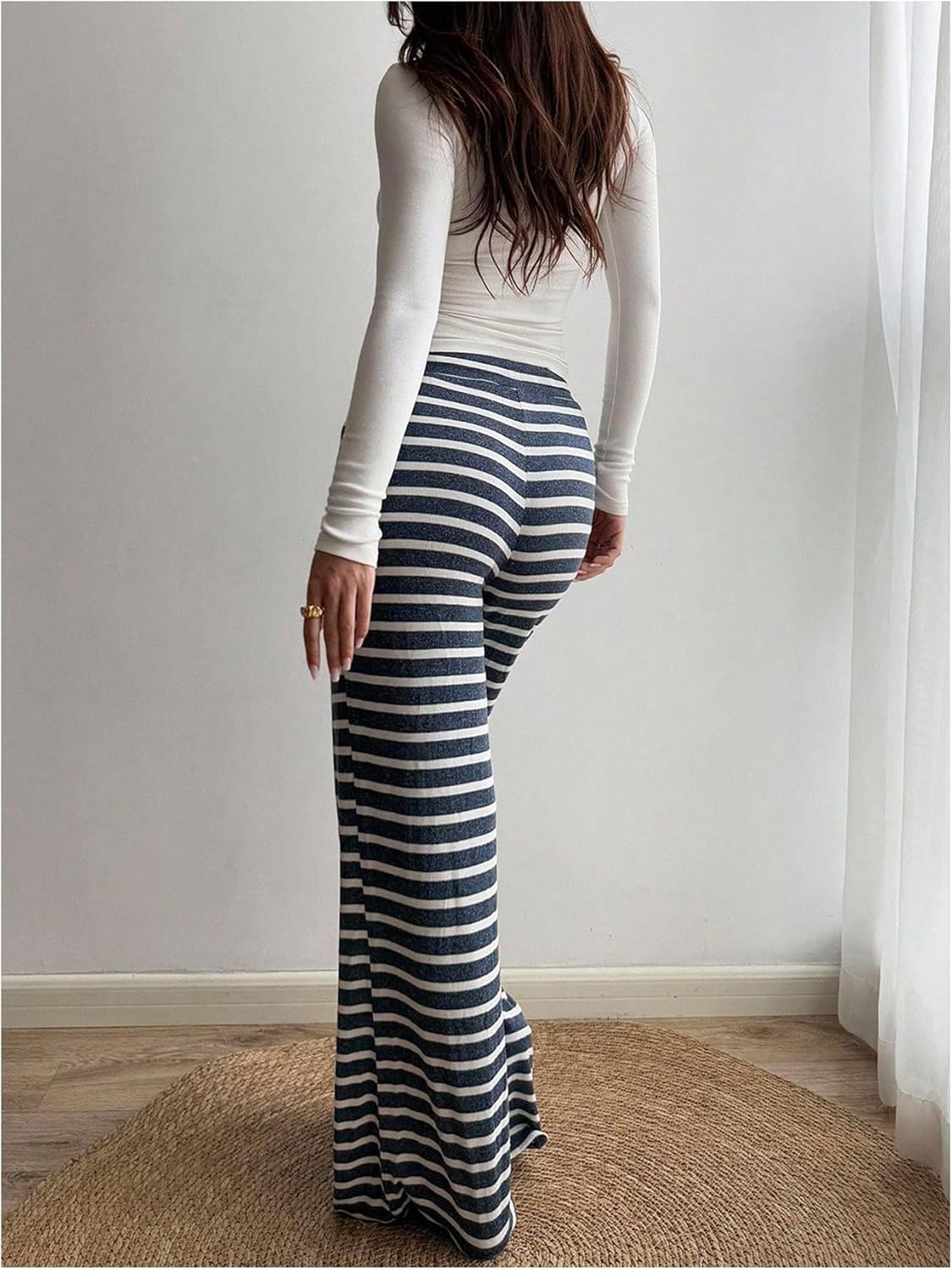 MakeMeChic Women's Striped Drawstring Elastic Waist Pants Low Rise Wide Straight Leg Y2k Fall Lounge - Image 3