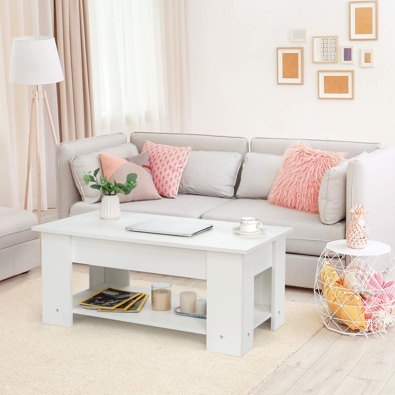 Tavolino Salotto Sollevabile Costway - Legno Con Scomparto Nascosto, Bianco - Foto 3