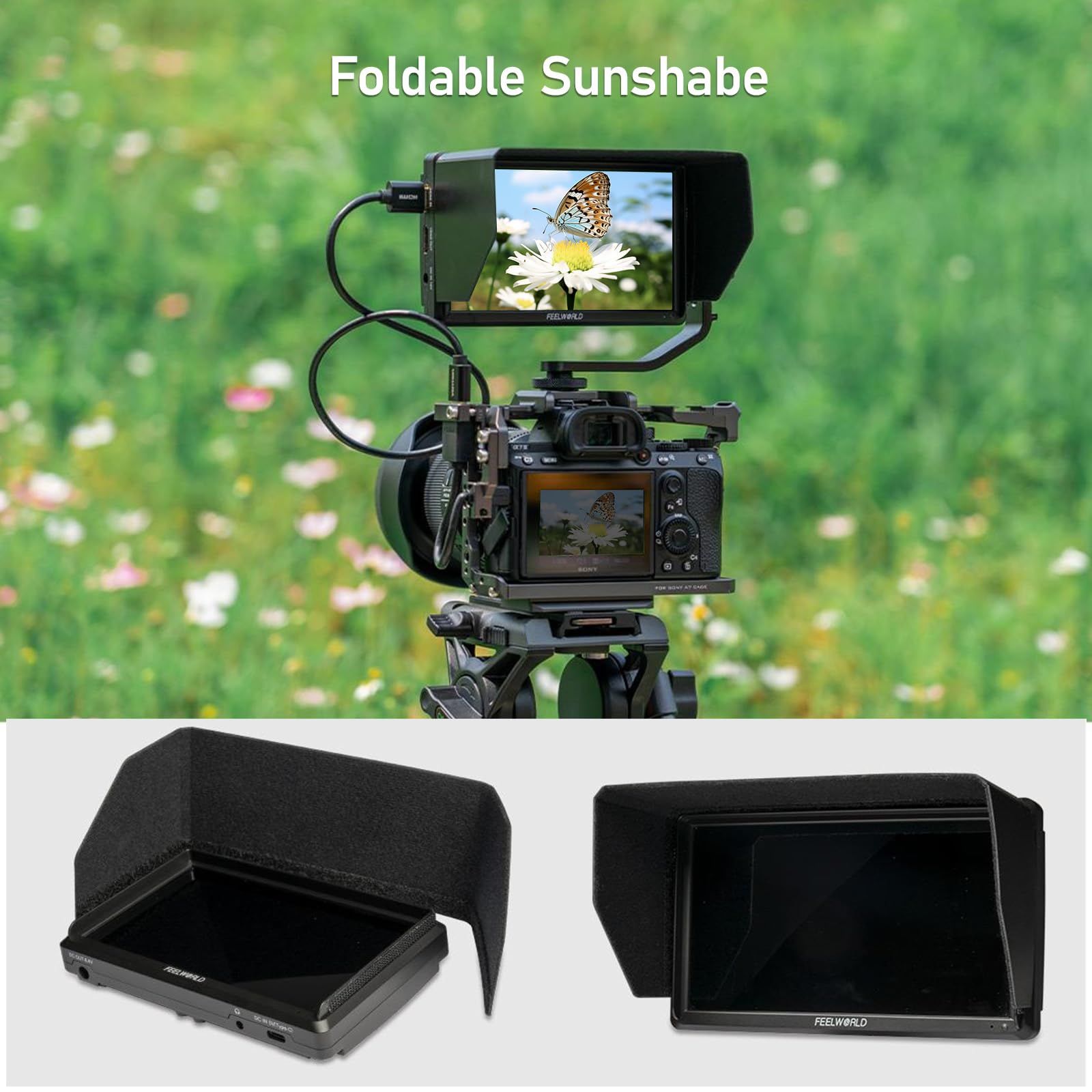 FEELWORLD S55E 5.5Inch Camera DSLR Field Monitor FHD 1920X1080 Personalizzato 3D LUT Camera Monitor 4K HDMI in Out Monitoraggio Forma d'onda Leggero con F750 4400mAh Batteria e Borsa