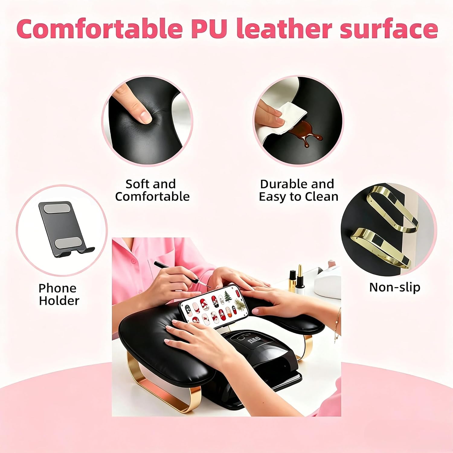 Nail Arm Rest with Phone Holder, 360° Rotating Phone Holder, 10° Inclined Arm Rest for Nails Tech, PU Leather Manicure Hand Rest, U-Shaped Nail Tech Arm Rest Stand, Hand Rest for Nails Tech, Black