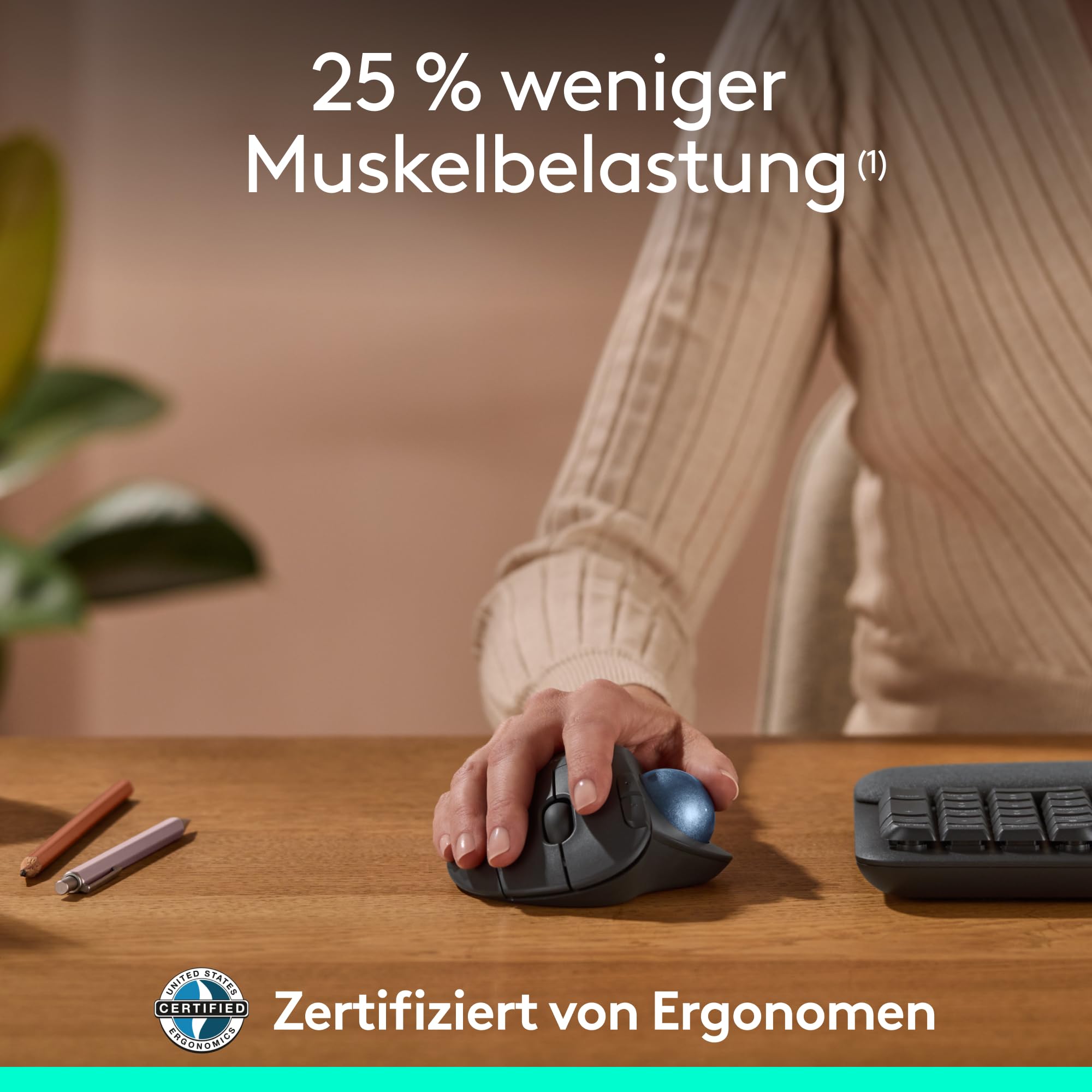 Logitech Ergo M575S kabellose Trackball-Maus, kabellose ergonomische Maus mit Bluetooth und verschlüsseltem Dongle, komfortable Daumensteuerung, für PC/Mac - Grafit