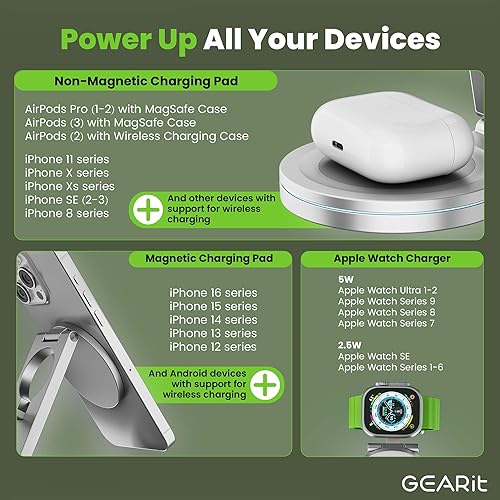 Miniatura 3 de GEARit Estación de carga inalámbrica 3 en 1 soporte de cargador compatible con Magsafe para teléfono, reloj, auriculares iPhone 14, 15, 16, 16 Pro,