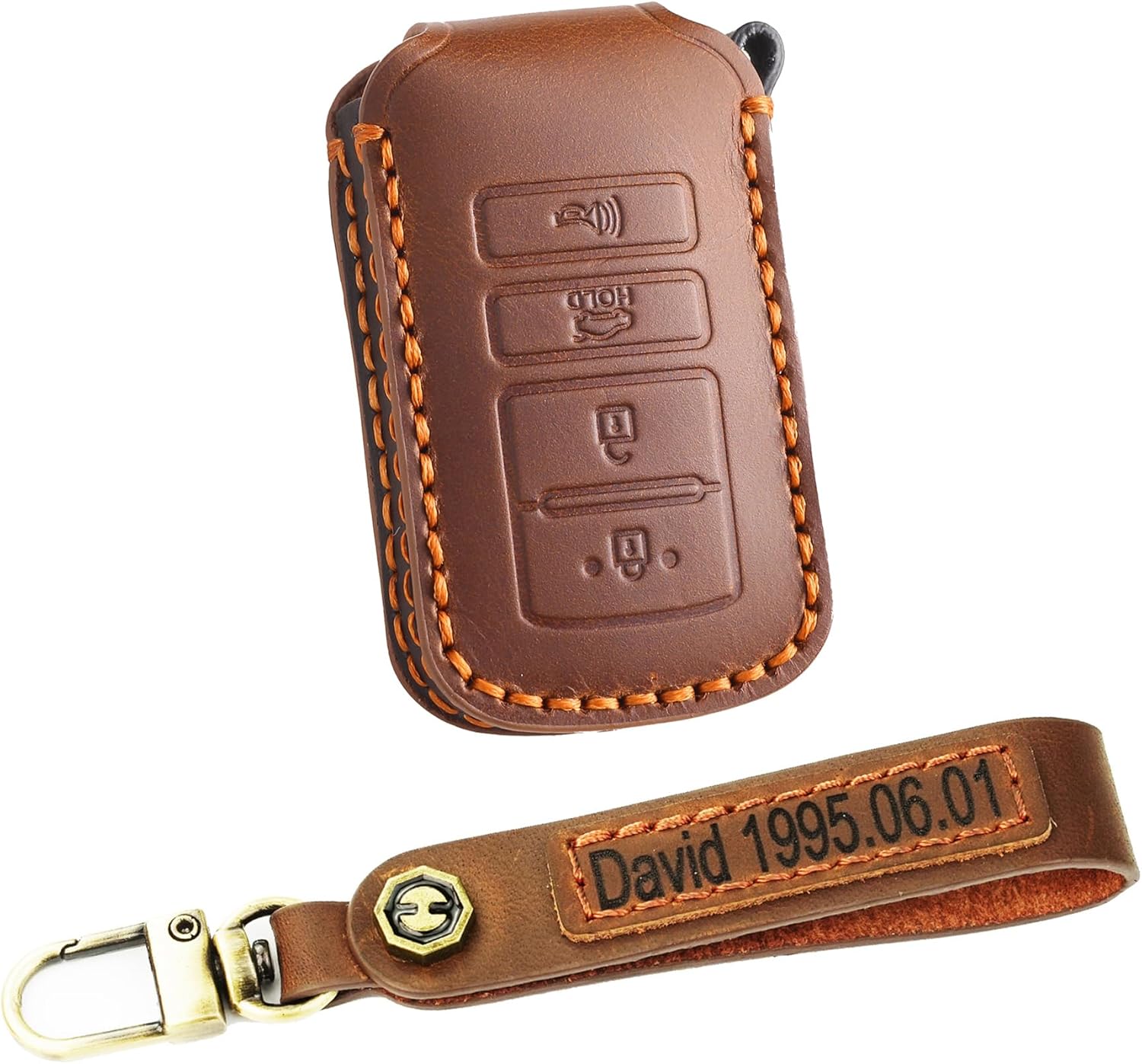 ontto 4-button Key Fob Case Handmade Leather Key Cover Fit for Kia Cadenza 2014-2019 Car Key Holder for Kia K7 K9 2015-2018,with Customized Keychain Engraving Letters Numbers Tag