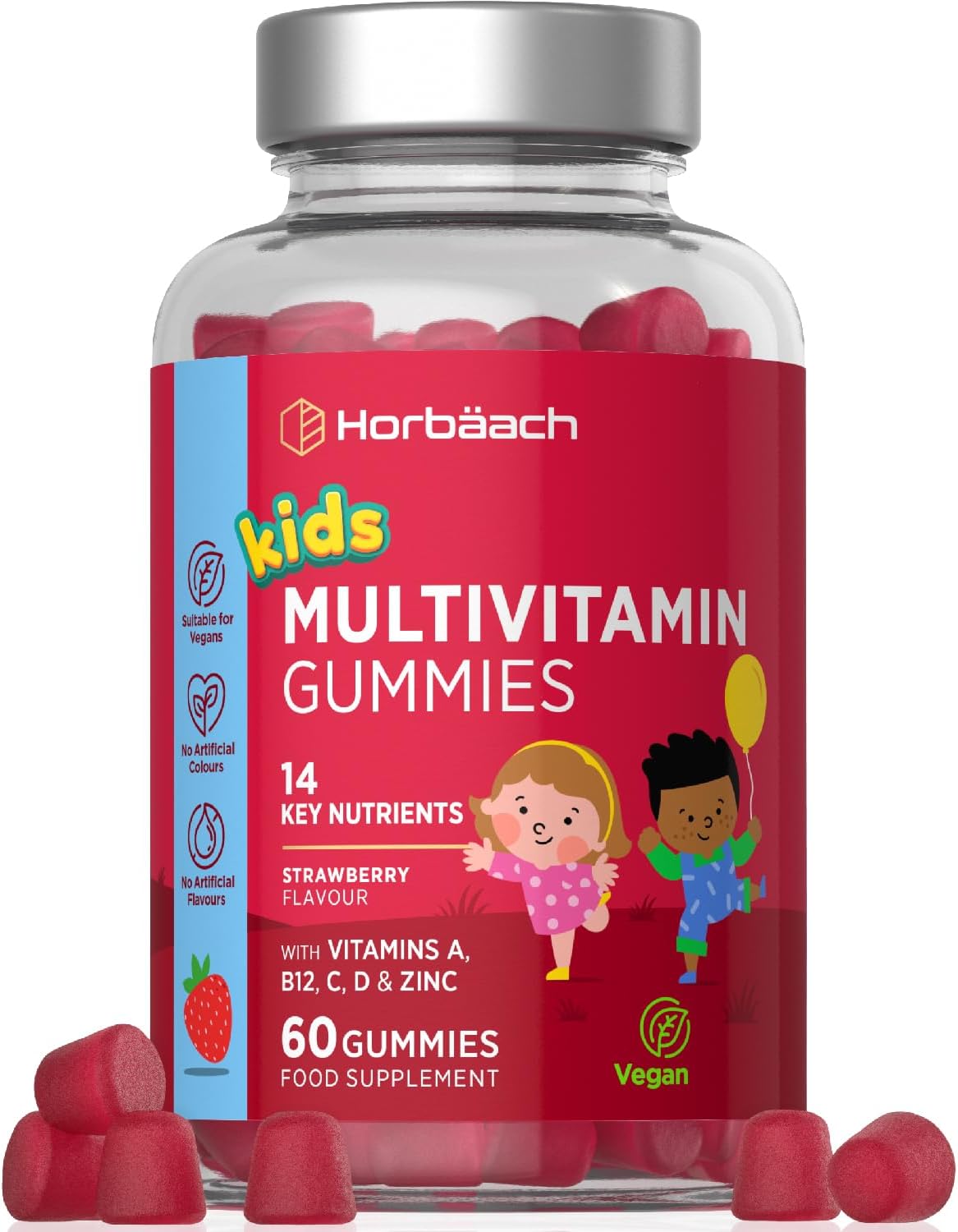 Kids Multivitamin Gummies | 60 Count (2 Months Supply) | 14 Essential A-Z Nutrients | with Vitamin A, B12, C, D & Zinc | Strawberry Flavour | Vegan Gummy Supplement for Ages 4+| by Horbaach