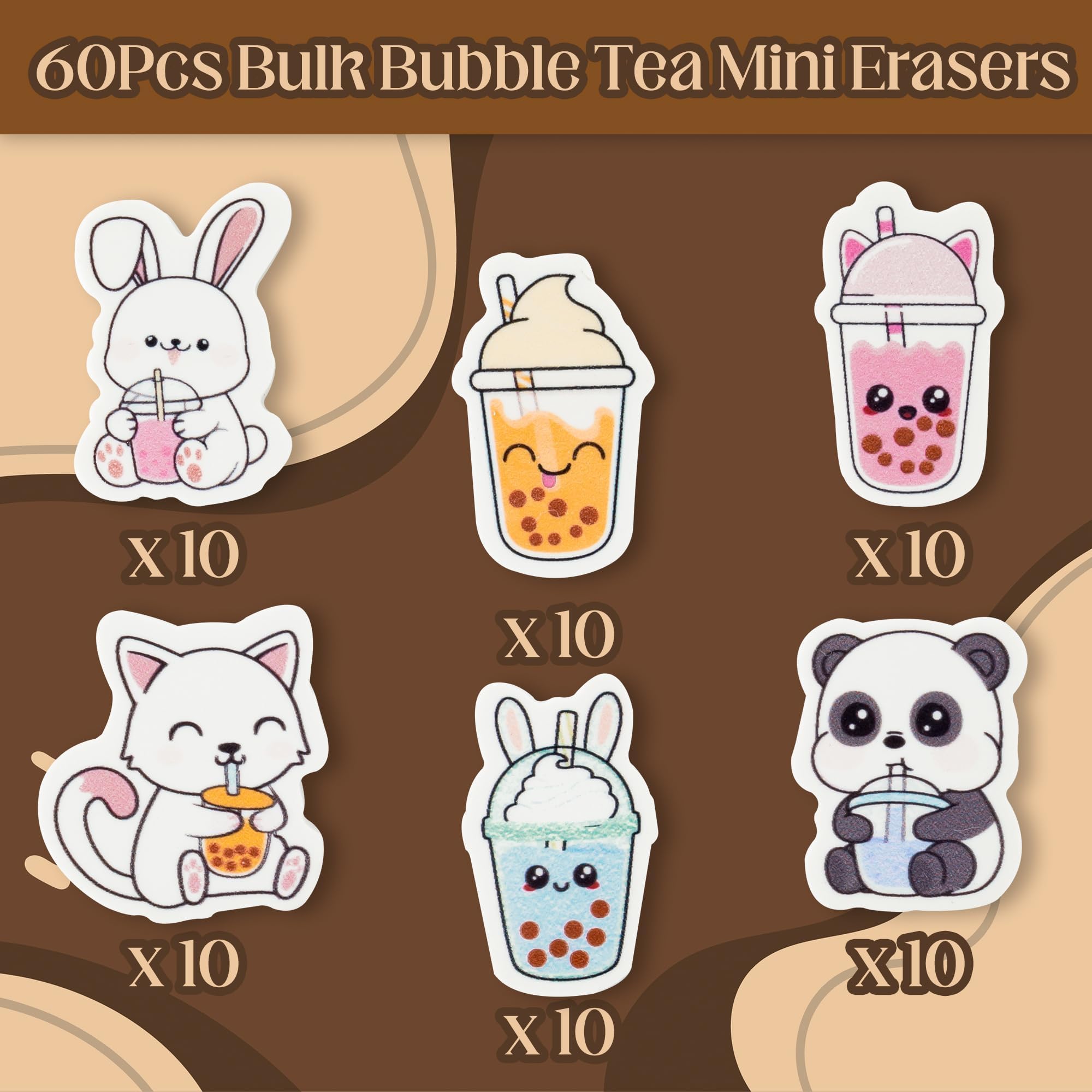 Bubble Tea Mini-Radiergummi für Kinder, Weihnachtsgeschenk, Wintergeschenke, 60 Stück, niedlich, Kawaii, Panda, Kaninchen, Katze, Boba, Tasse, Radiergummis, 3D-Schreibtisch-Puzzle-Zubehör für