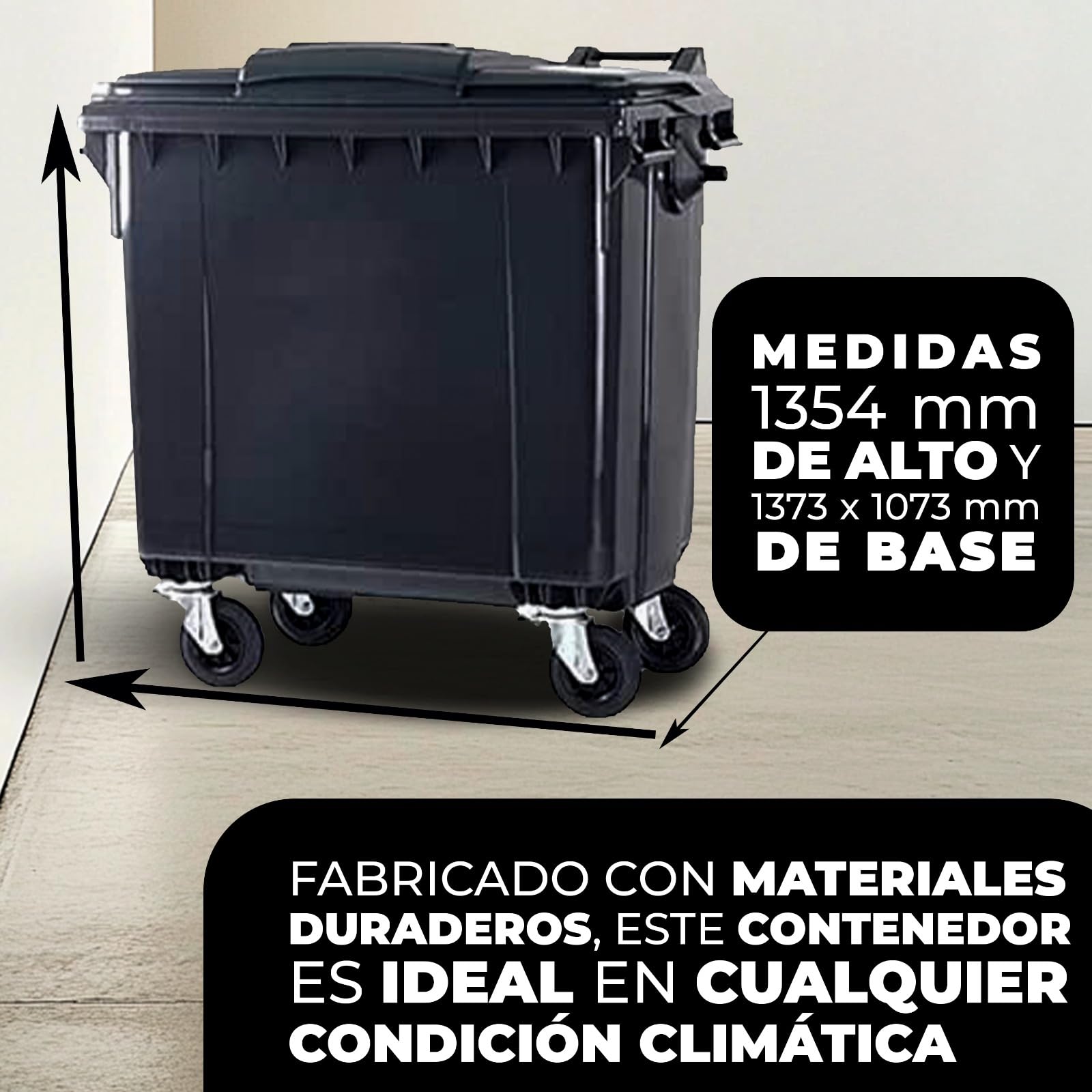 SSI Contenedor de Basura 1100L con Tapa Plana - Ruedas con Freno, Desagüe Inferior, Cumple Normativa EN-840, Ideal para Grandes Volúmenes de Residuos y Reciclaje en Exteriores (Antracita, 1100 litros)