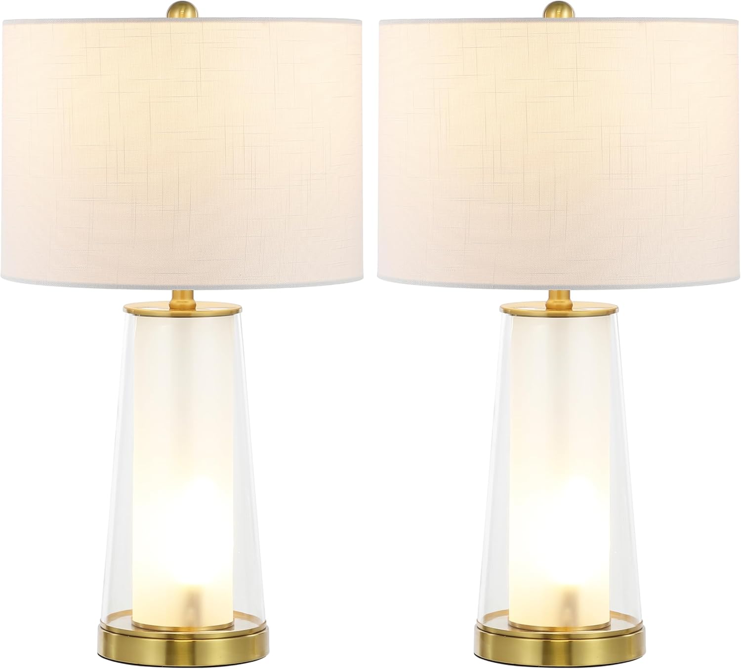 JONATHAN Y 26" Clear/Brass Gold Nightlight Table Lamp Set of 2 for Bedroom, Modern Glass Desk Lamps with White Fabric Shade, Farmhouse Living Room Decor, LED Bulbs Included JYL1137A-SET2