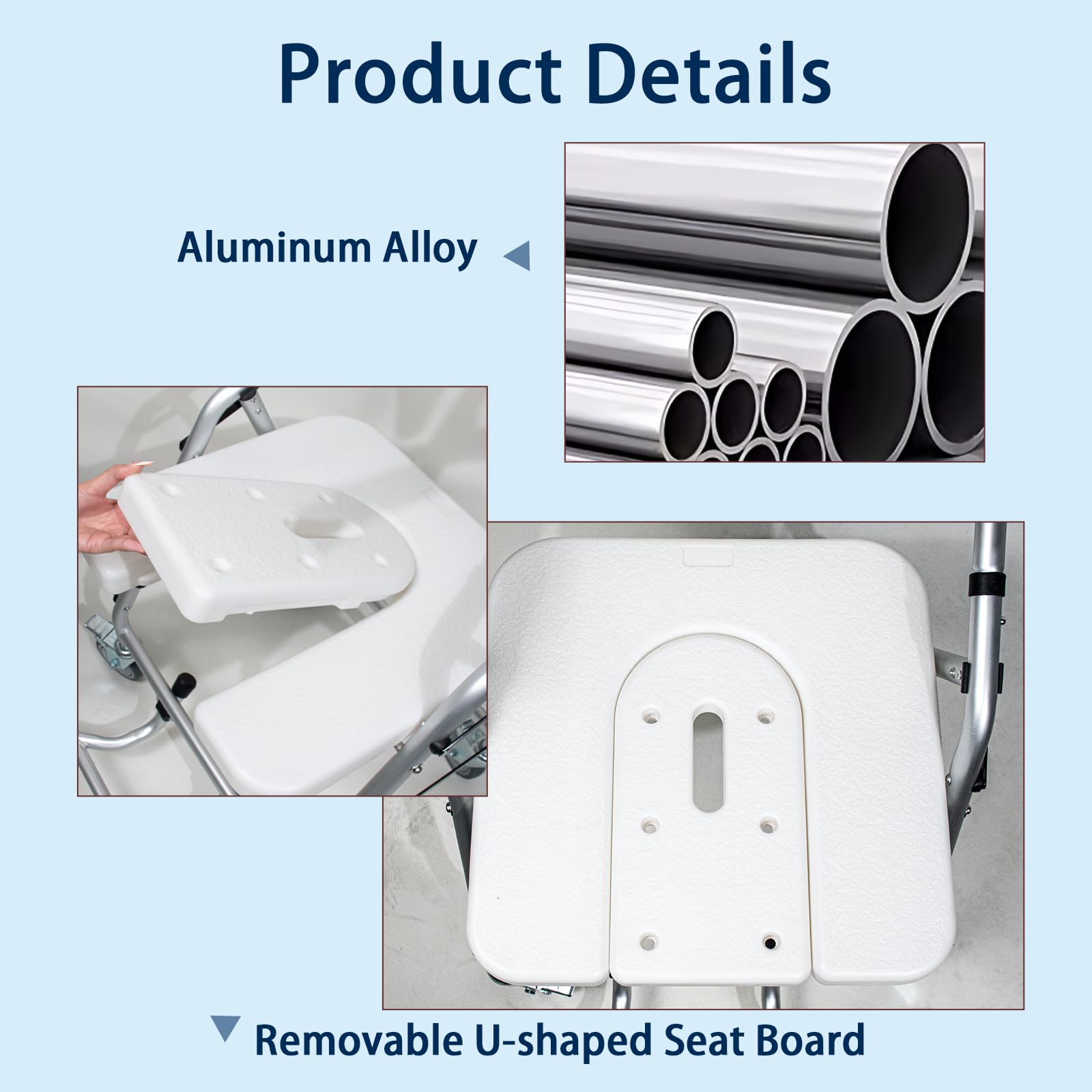 Taburete de Ducha Plegable con Ruedas para Personas Mayores | 120KG Silla de Ducha con Ruedas, Blanco Silla de Baño y Ducha Discapacitados con Reposabrazos y Respaldo