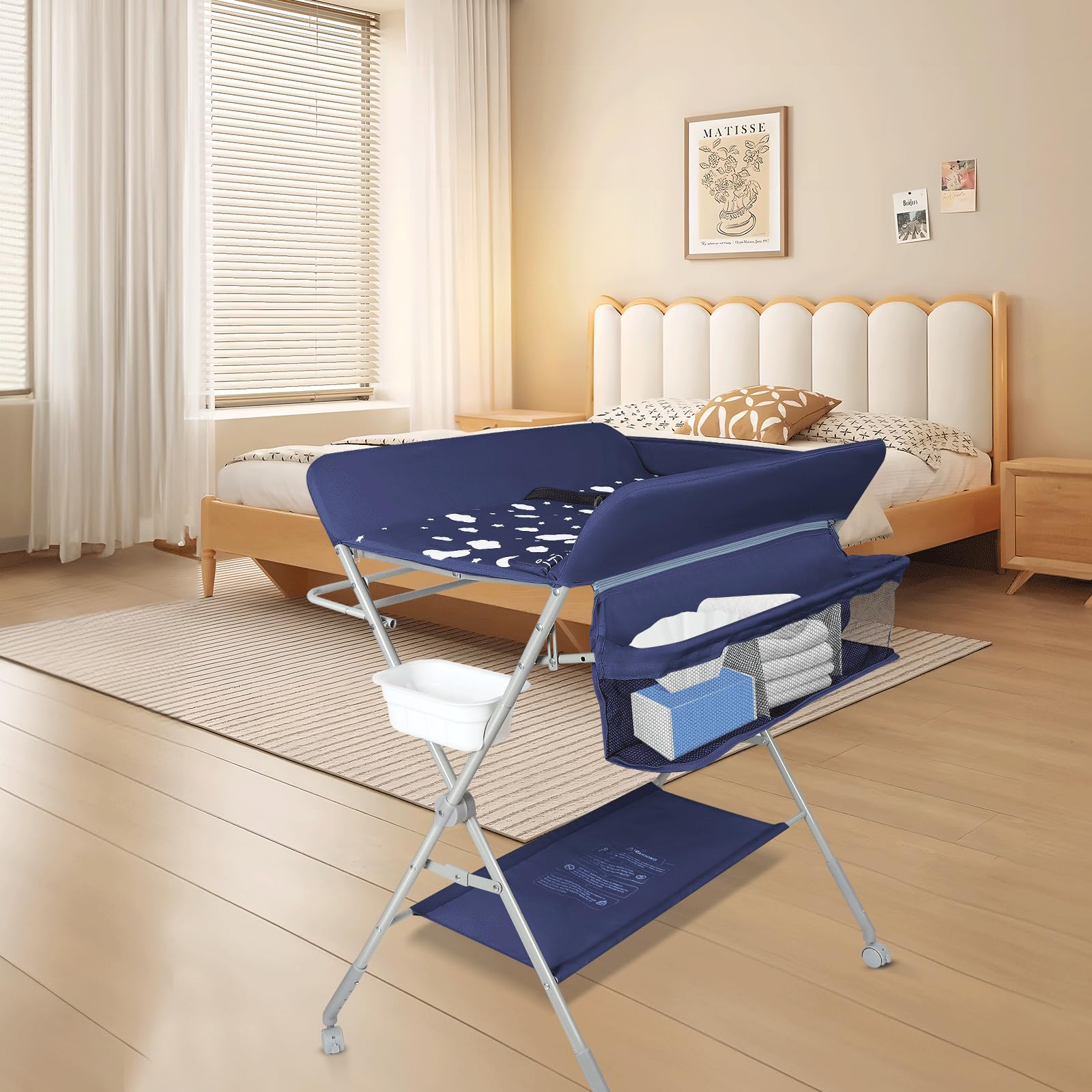 Supfine Table à Langer Pliable, Commode à Langer avec Rangement et Zone de Suspension, Hauteur Réglable, Commode Bébé en Métal et Tissu Oxford (Bleu foncé, 77 * 63 * 101 cm)