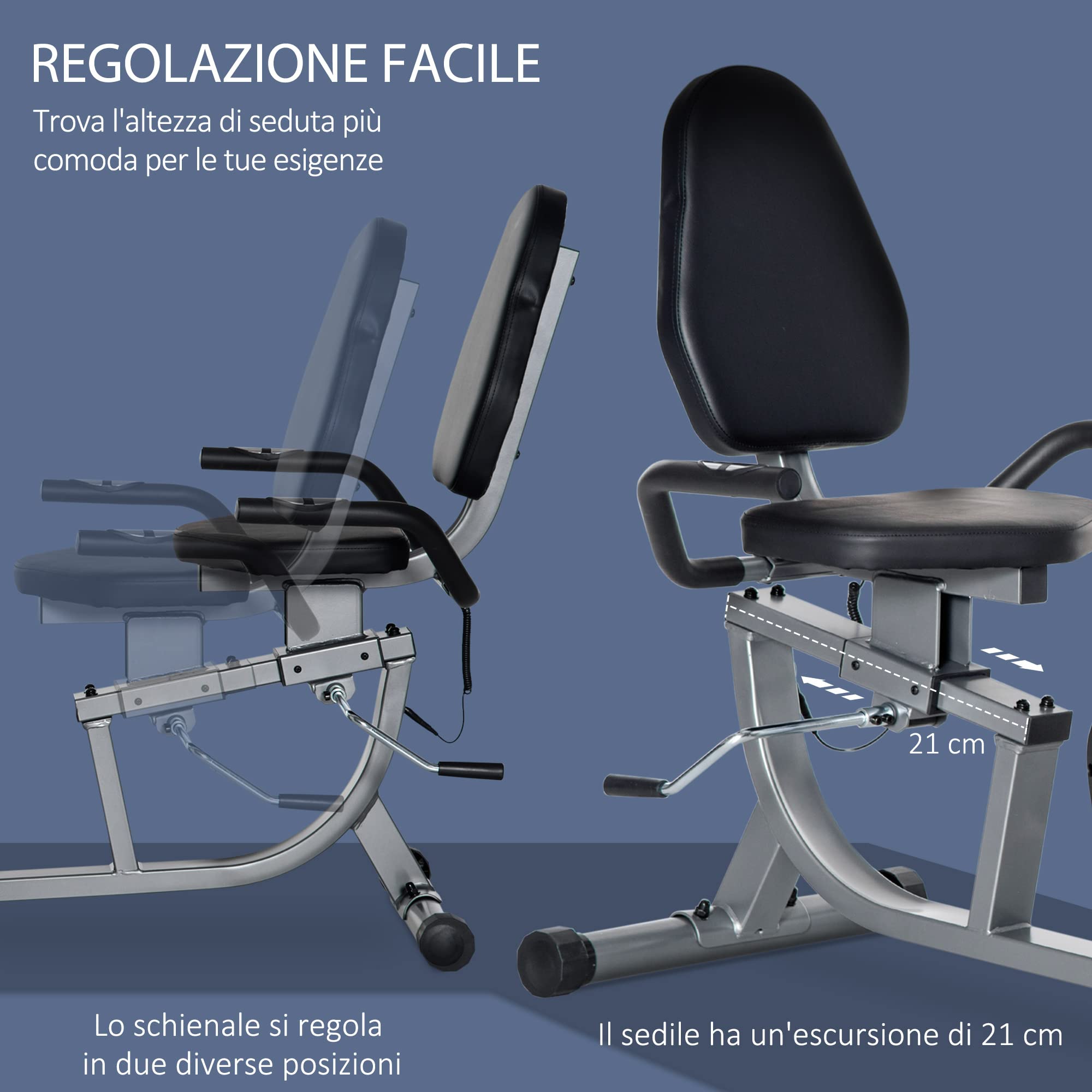 HOMCOM Cyclette da Casa con 8 Livelli di Resistenza, Cyclette Orizzontale Recumbent con Ruote, Monitor LCD e Seduta Regolabile, in Acciaio e ABS, per Home Gym Casa, 122-137x62x103cm
