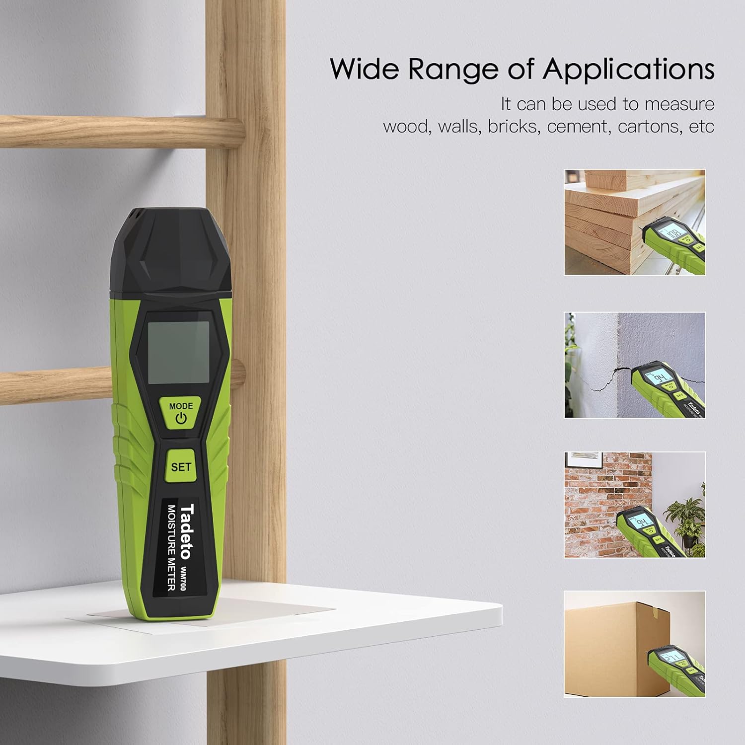 Tadeto Digital Moisture Meter WM700 showing various applications like measuring wood, walls, and cardboard