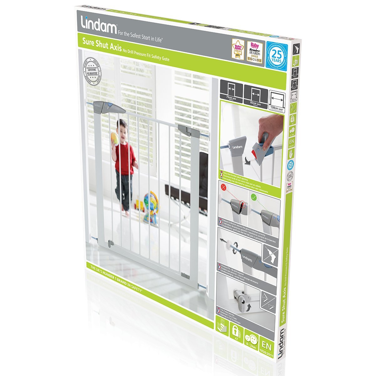 Munchkin Lindam Valla de Seguridad Infantil, Barrera de Escalera para Bebés y Niños Pequeños, Valla de Montaje Fácil sin Tornillos, Valla Metálica, 76-82 cm, Blanco + 7cm Extensión