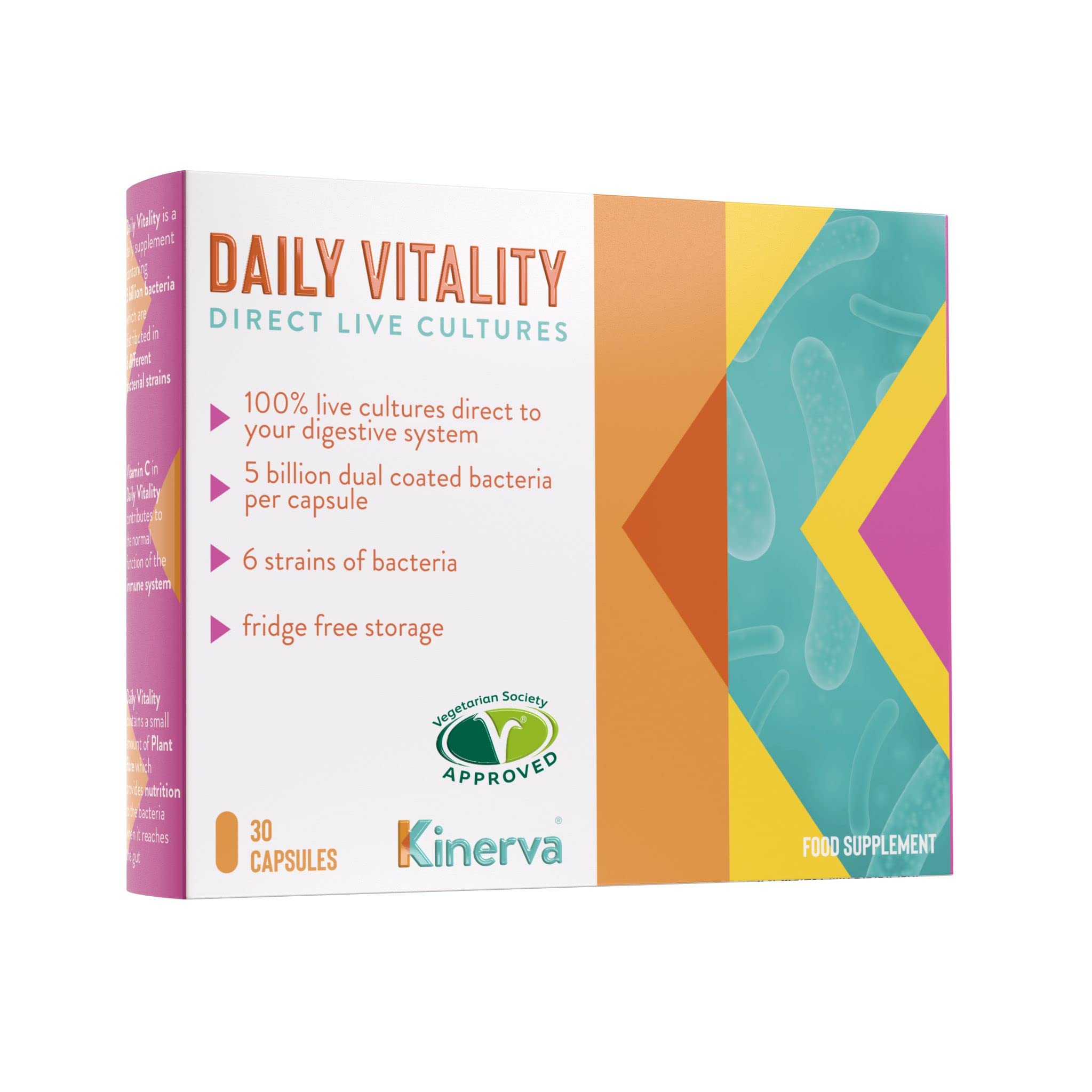 Kinerva Probiotics - Daily Vitality Probiotic Supplements with Vitamin C, (1 Month Supply) Multi-Strain Gut Friendly Bacteria & Prebiotic Fibre for Men & Women - 30 Dual Coated Vegetarian Capsules