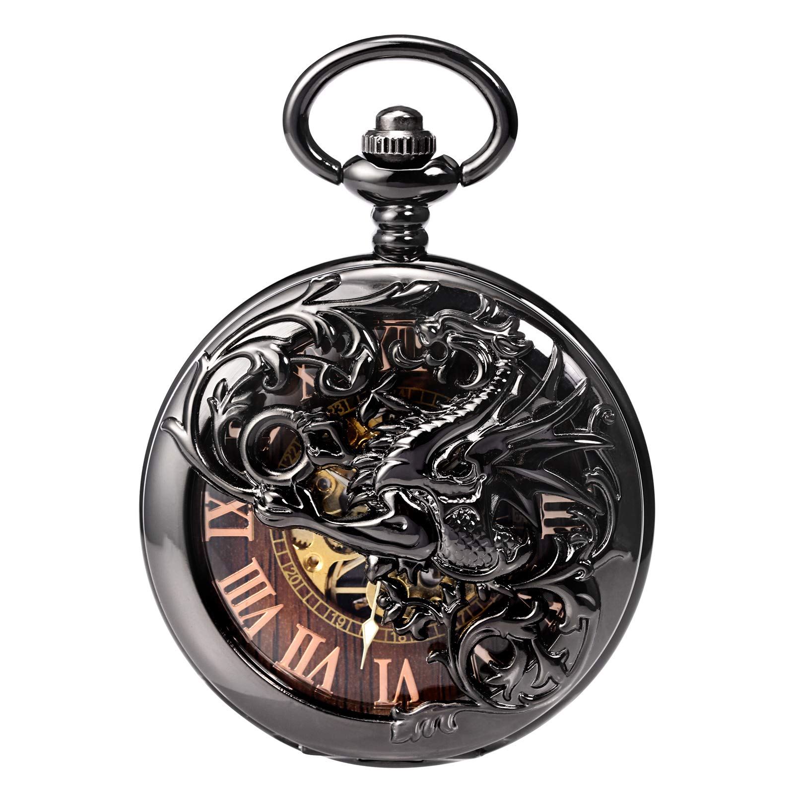 TREEWETO Reloj de bolsillo mecánico de dragón antiguo para hombre, color negro y bronce, doble caja con cadena