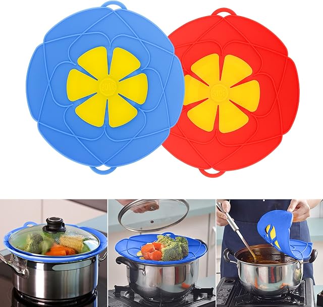 2 Pcs Spill Stopper Lid Cover,Reusable Boil Over Spill Stopper,Silicone Spill stopper for Microwave and Pans,10" in Multi-Function Kitchen Tool (Red And Blue)