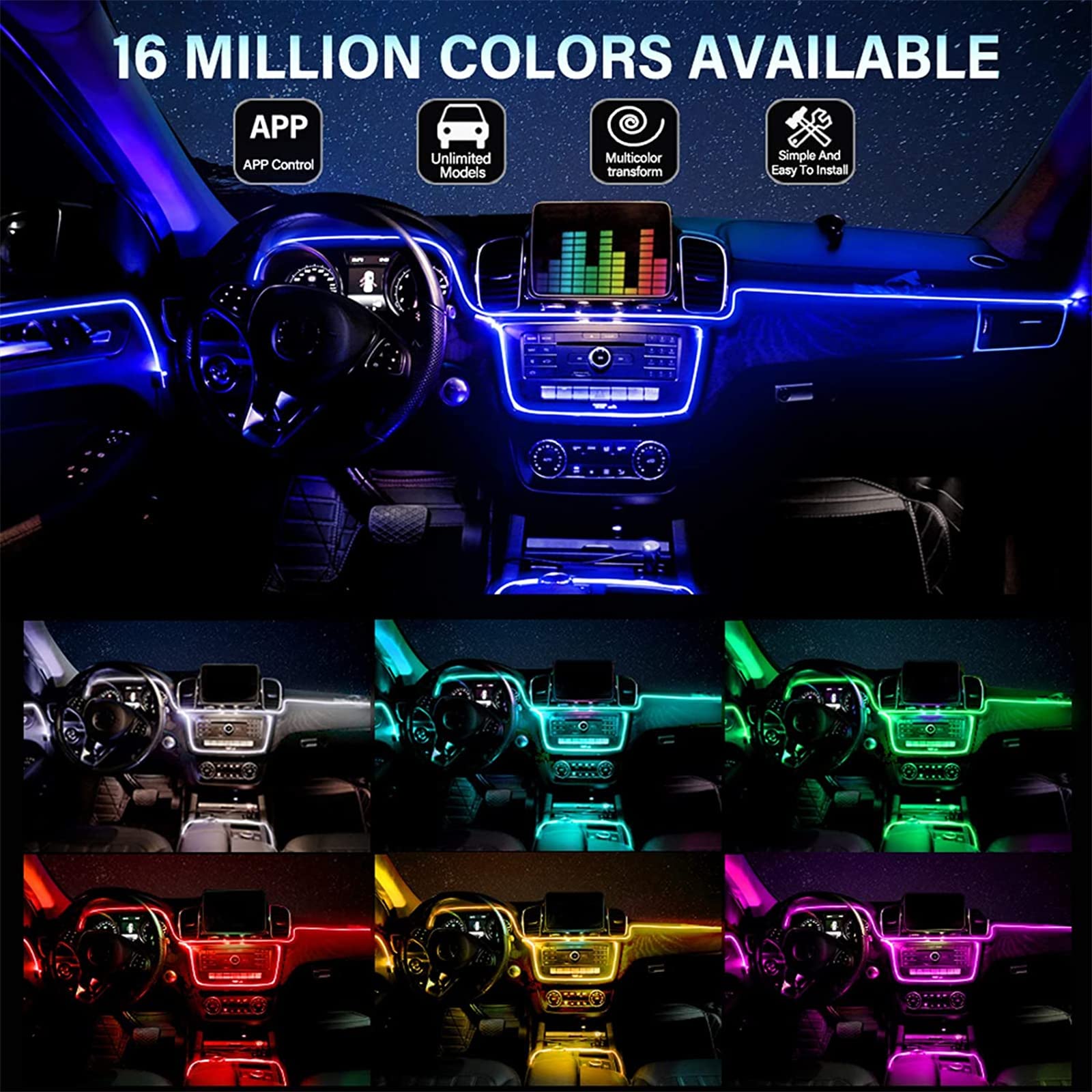 Luces Ambientales LED RGB, Tiras De Fibra Óptica De Luz De Ambiente Interior De Automóvil Aplicación DIY para Accesorios De Automóvil Tablero De Instrumentos Decorativo, Función Activa,14 in 1