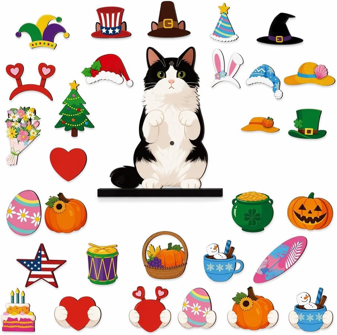 Interchangeable Seasonal Animal Wooden Decor Set with Magnetic Hats, Cute Cat Wooden Sign Desk Decor, DIY Farm Animal Tabletop Stand, Holiday Home Office Tiered Tray Decoration, Birthday Gift,A