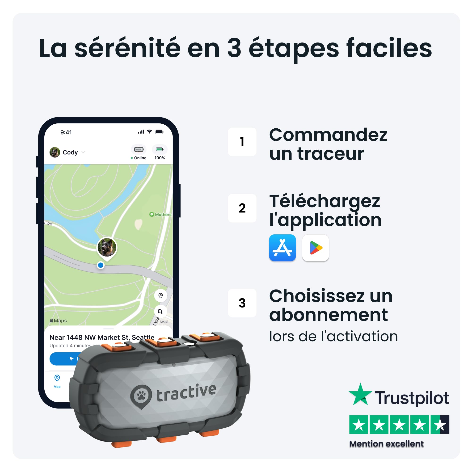 Tractive – collier GPS pour chien XL Adventure - Boîtier en fibre de verre - Jusqu'à 1 mois d'autonomie - Élue Marque de l'Année - Suivi global en direct - Moniteur d'activité - Alertes de santé