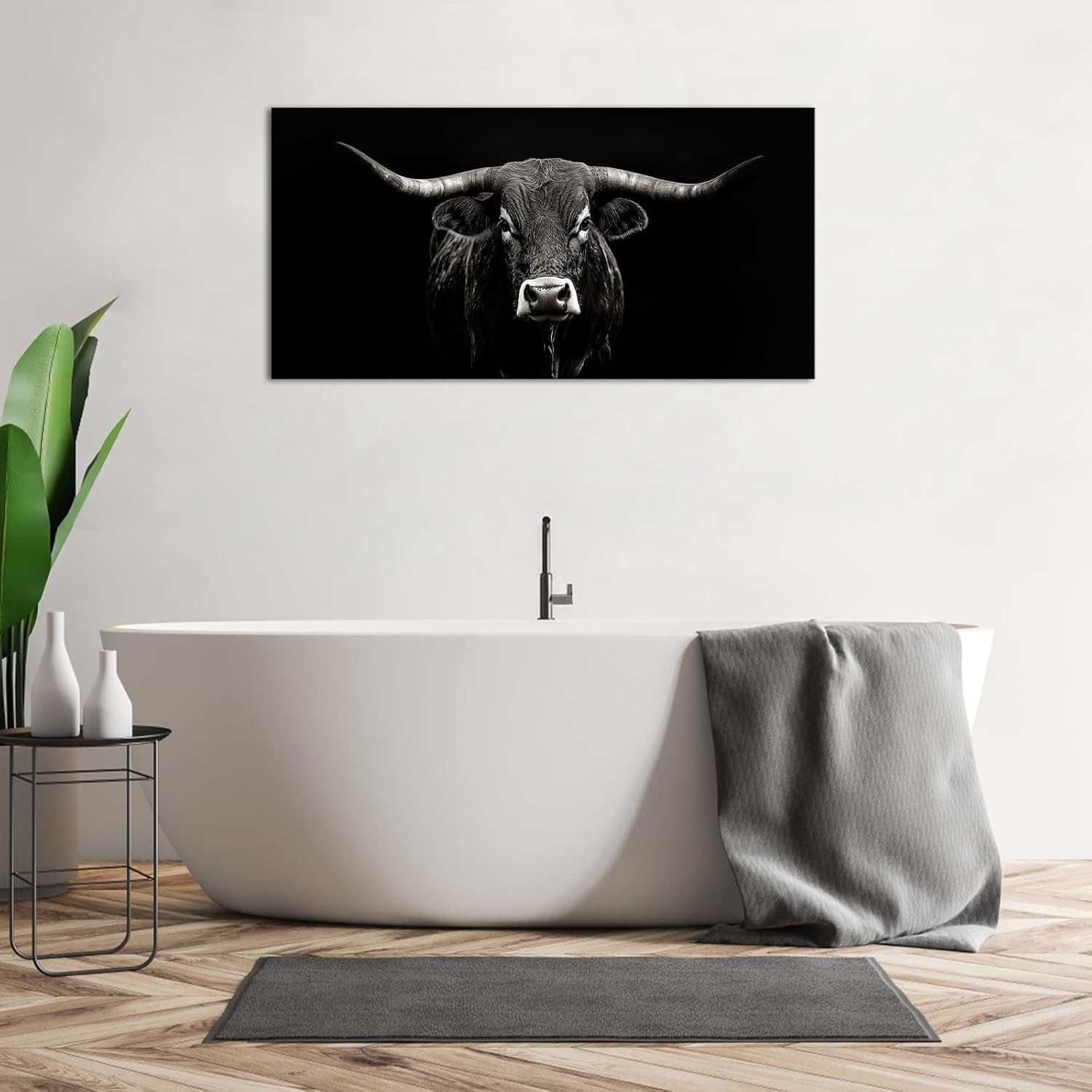 PoGoXiPoYo Large Longhorn Cow Wall Art Canvas Prints Black and White Texas Cattle Animal Portrait Pictures Modern Artwork for Man Cave Home Office Living Room Wall Decor 20x40 inch