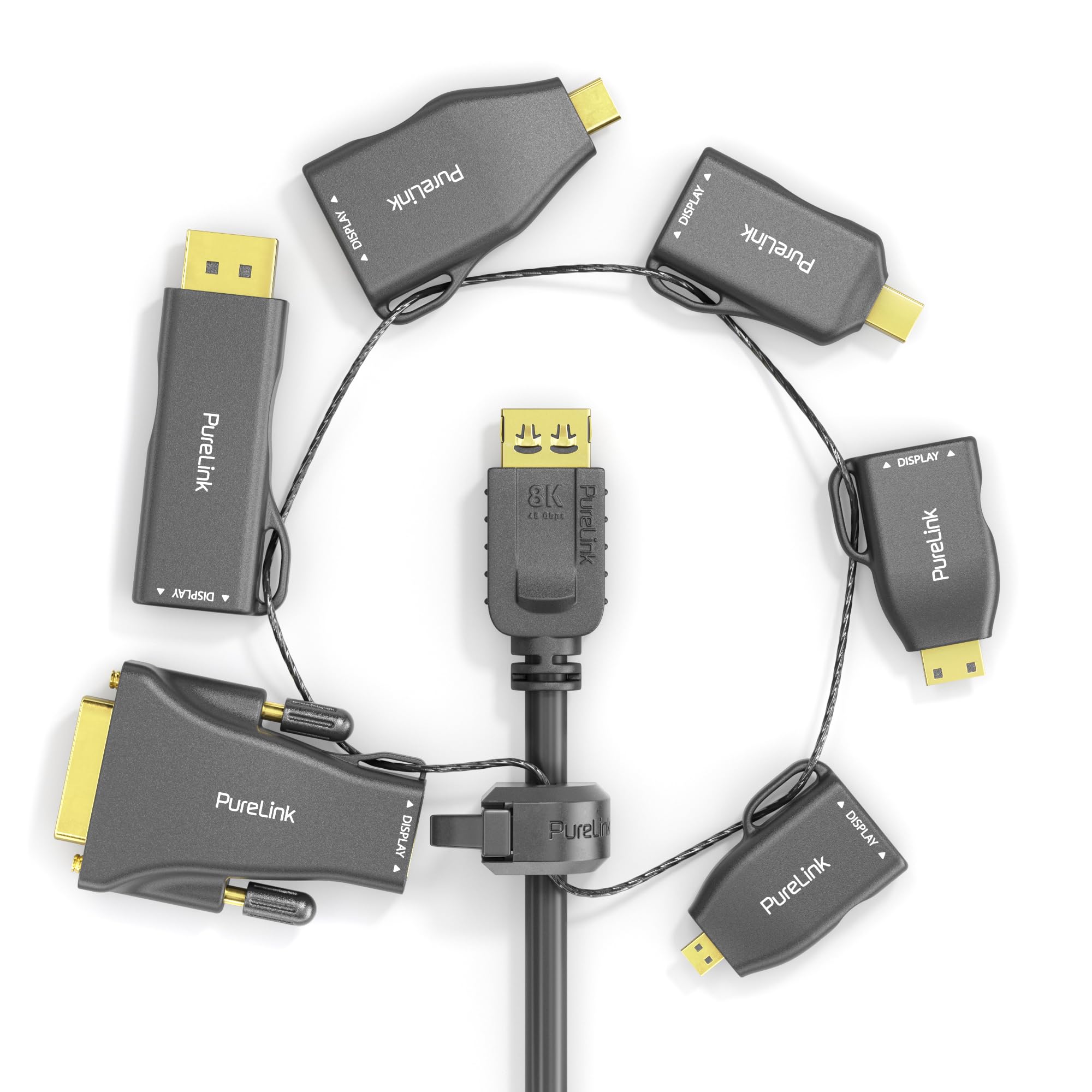 PureLink, HDMI-Adapter-Set, Adapter Ring, DisplayPort, mini DisplayPort, USB-C, mini HDMI, Micro HDMI und DVI auf HDMI, 4K Auflösung, Diebstahlsicherung, vergoldete Kontakte, schwarz