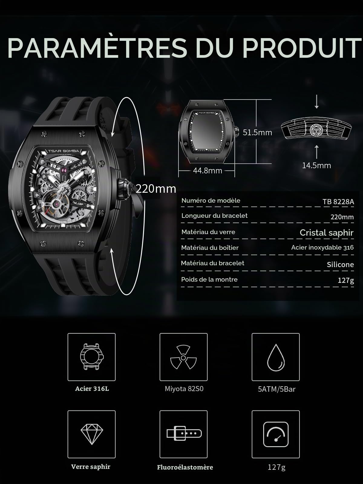 TSAR BOMBA Montre Automatique pour Homme Montre Squelette de Luxe Tonneau pour Homme Montre mécanique étanche à 50 mètres Montre analogique