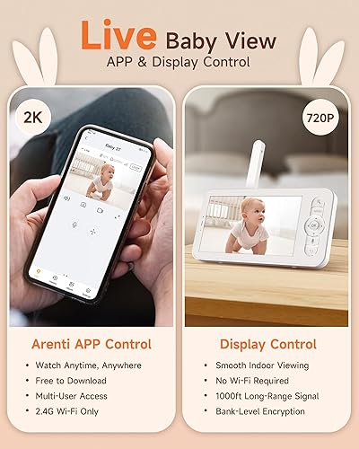 Miniatura 4 de ARENTI Monitor de bebé con 2 cámaras, cámara inteligente para bebé 2K con pantalla inalámbrica mejorada de 5 pulgadas, visión nocturna, luz de
