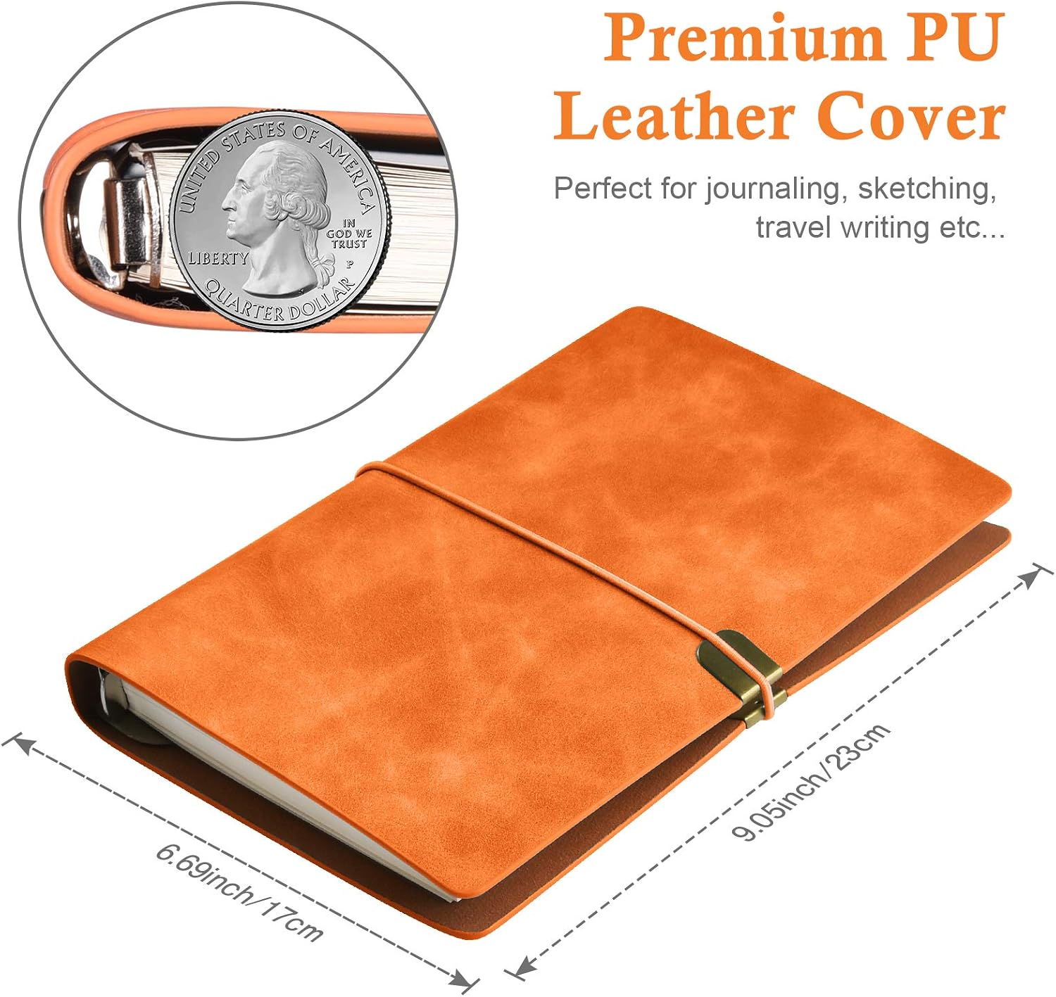 Leather Writing Journal Notebook, A5 Traveler Journal Diary with Elastic Band and Pen Holder, 100 sheets/200 pages, Lined Paper 6.69 x 9.05 Inch [Orange]