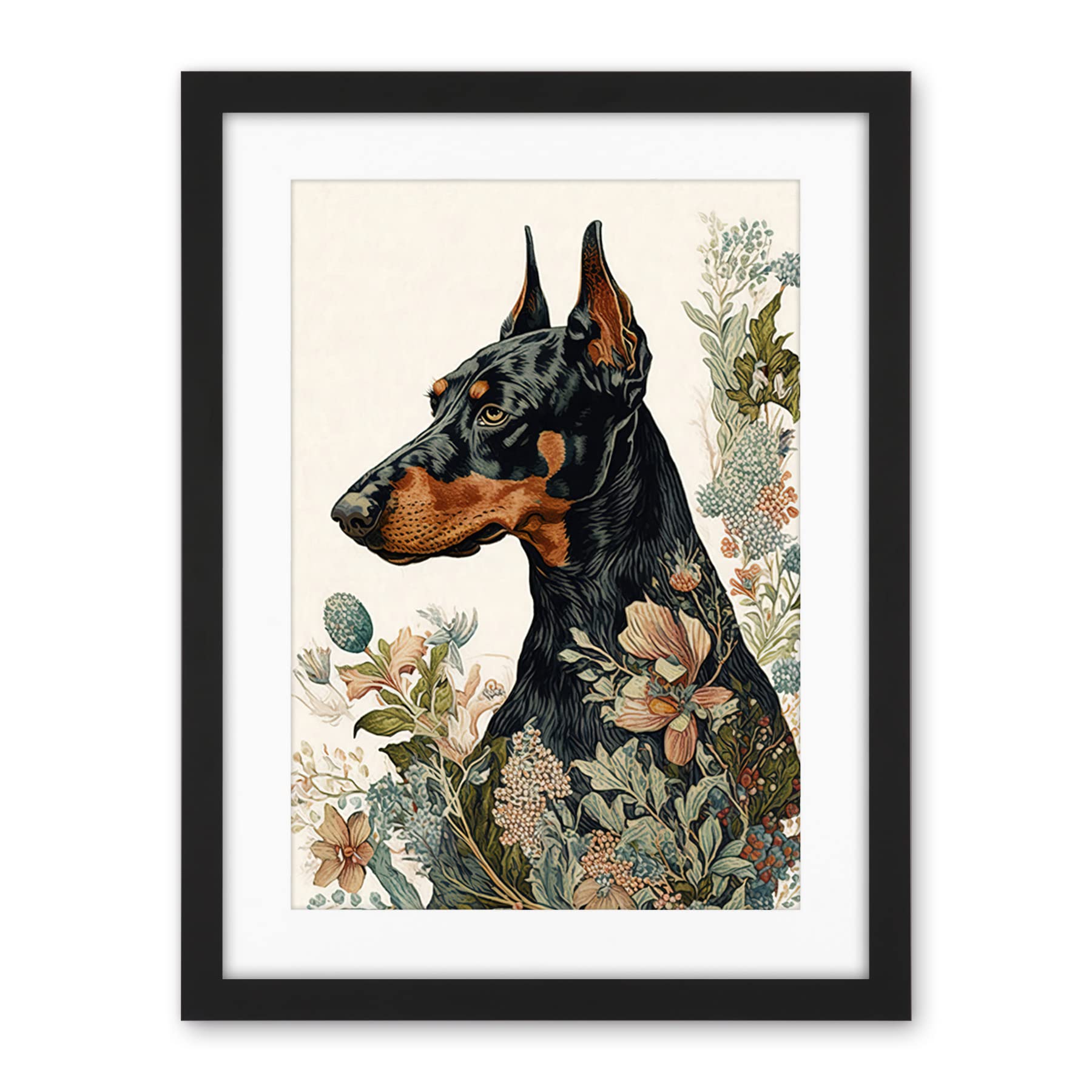 Artery8 Doberman Dog with Wild Flowers Boho Watercolour Illustration Artwork Framed Wall Art Print 18X24 Inch