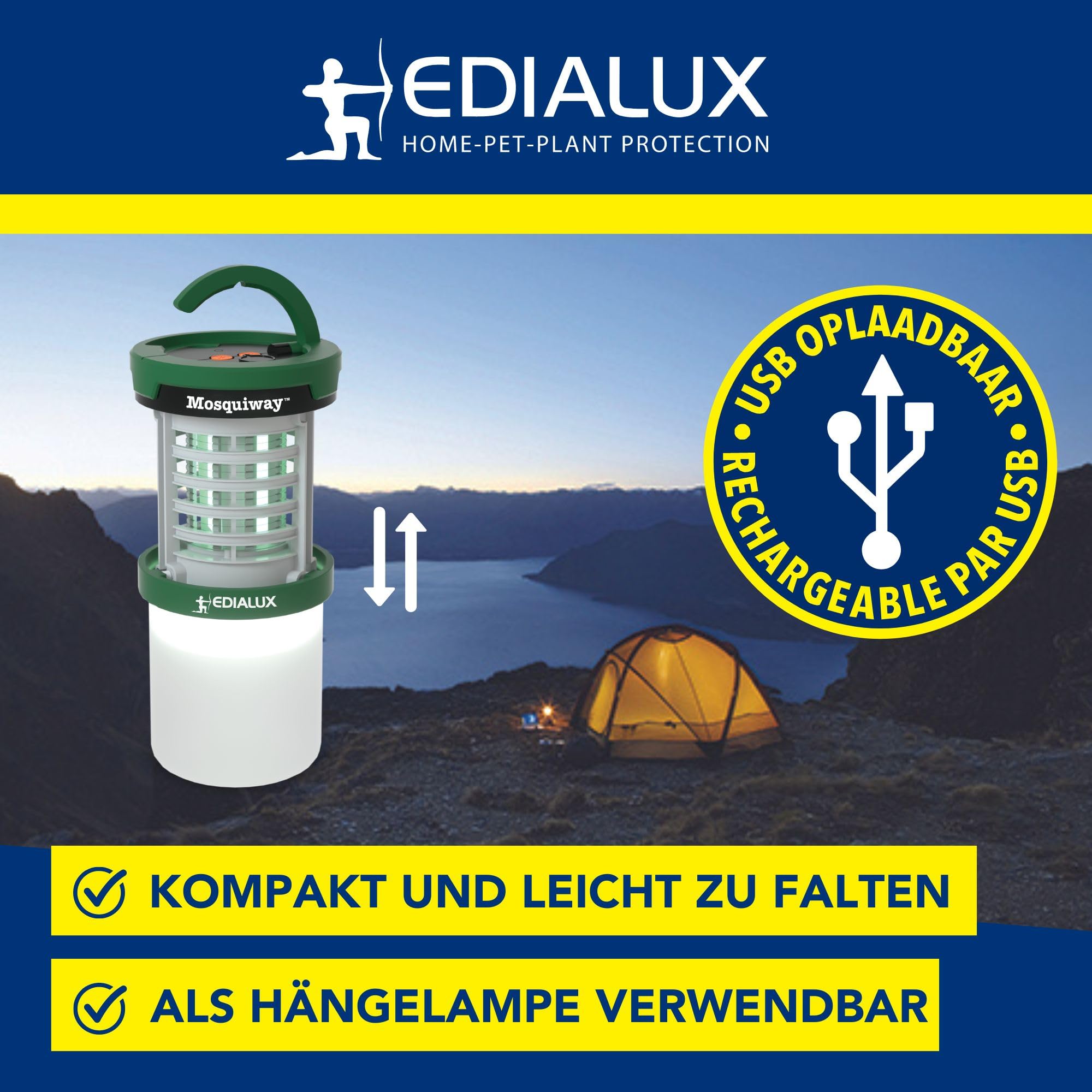 Edialux LED UV Insektenvernichter für außen, tragbare Mückenlampe mit Hochspannungsnetz, wasserdichter Bug Zapper, USB aufladbar, mit Aufhängehaken, für Garten Terrasse Camping und 30 m²