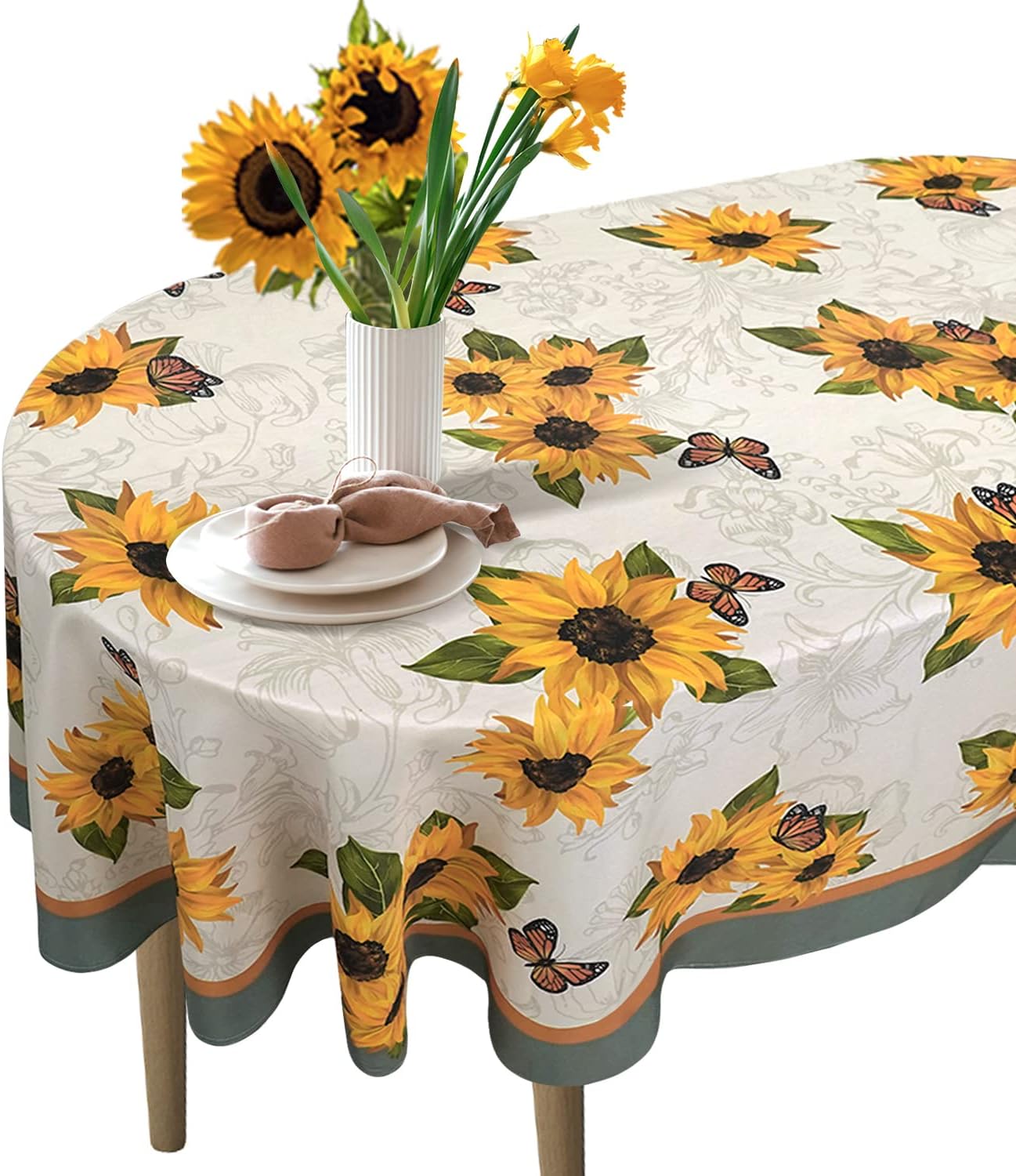 Sunflower Oval Tablecloth 60 x 84, Vintage Floral