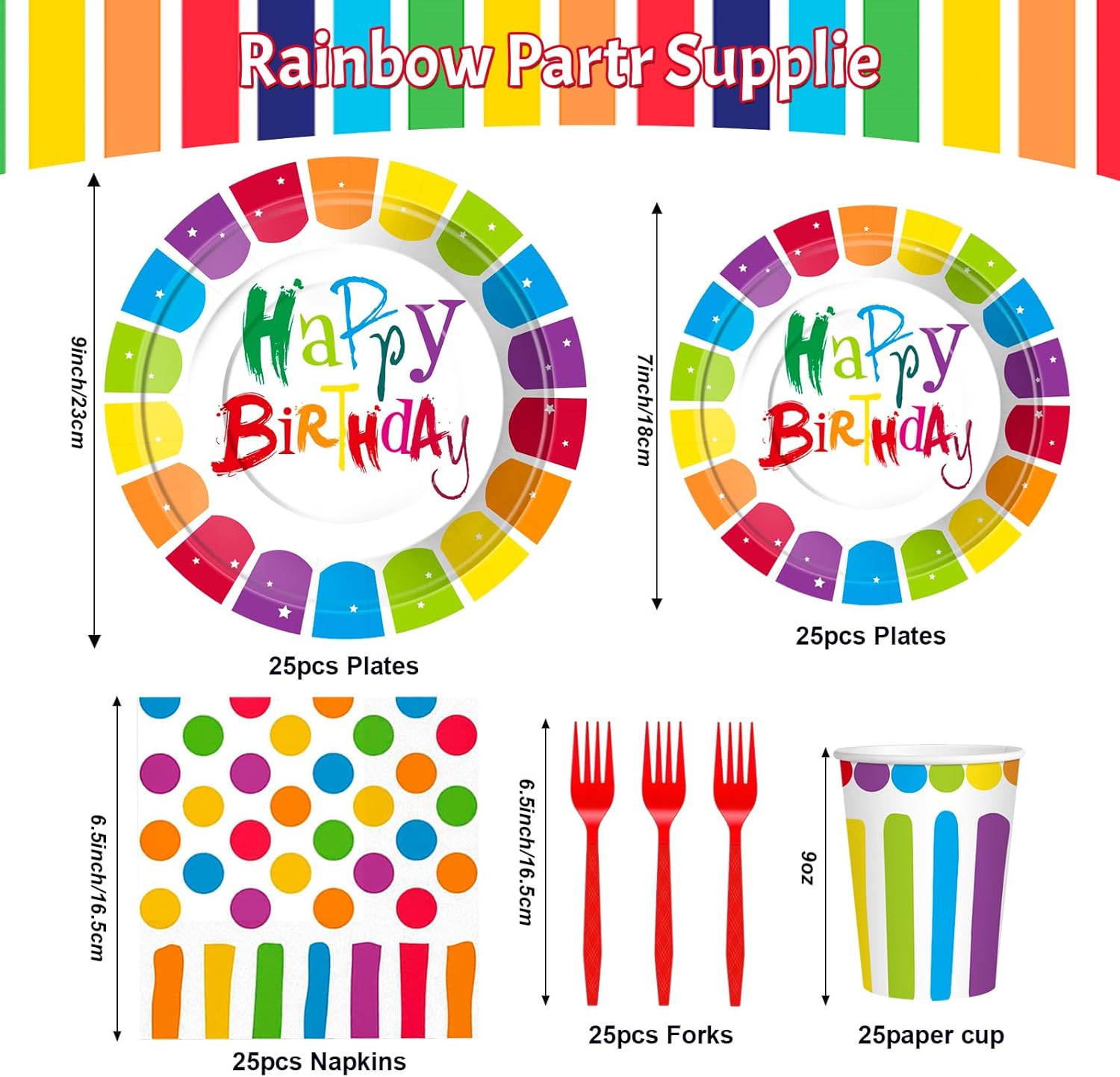 125 Pcs Rainbow Happy Birthday Party Supplies - Disposable Dinnerware with Plates, Cups, Napkins,Colorful Polka Dot Tableware, for Birthday, Baby Shower & Rainbow Themed Parties, Serves 25 - Image 2