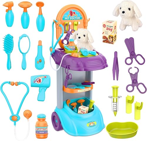 Miniatura 8 de TOYMNI Kit de carrito de médico para niños de 3, 4, 5, juego de médico, juego médico de simulación para niños pequeños y niñas, 18 juguetes de