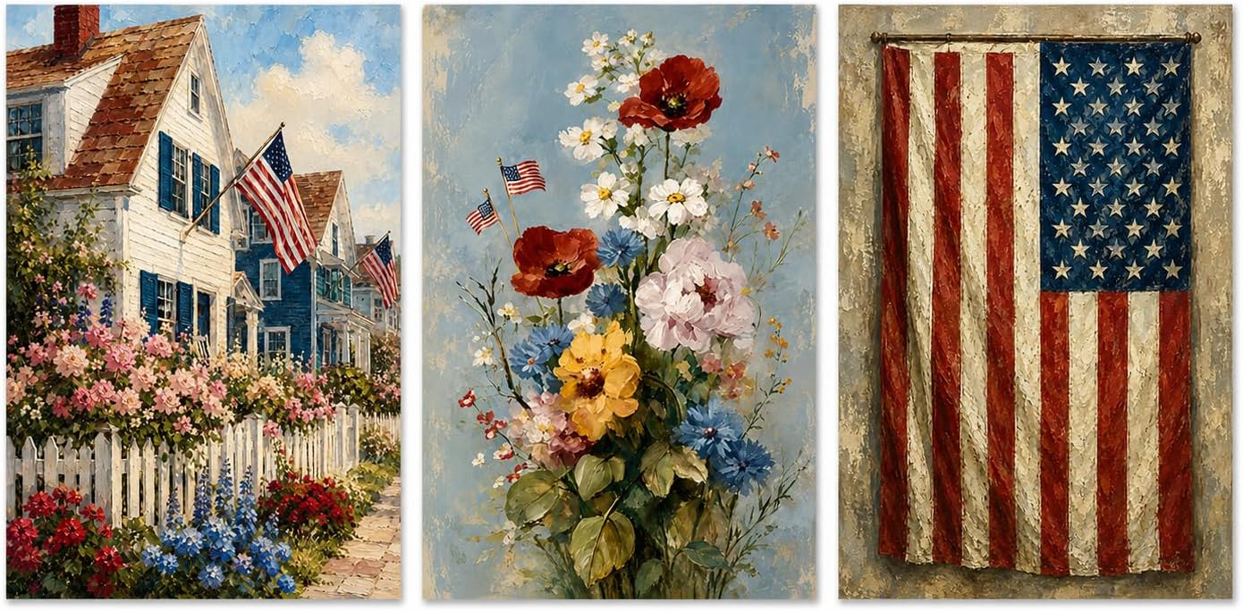 AUFDASORT 3 Piece Vintage American Flag Wall Art 12x16 Inch Unframed Canvas Posters Farmhouse Floral Patriotic Pictures Rustic Country Decor for Living Room Bedroom