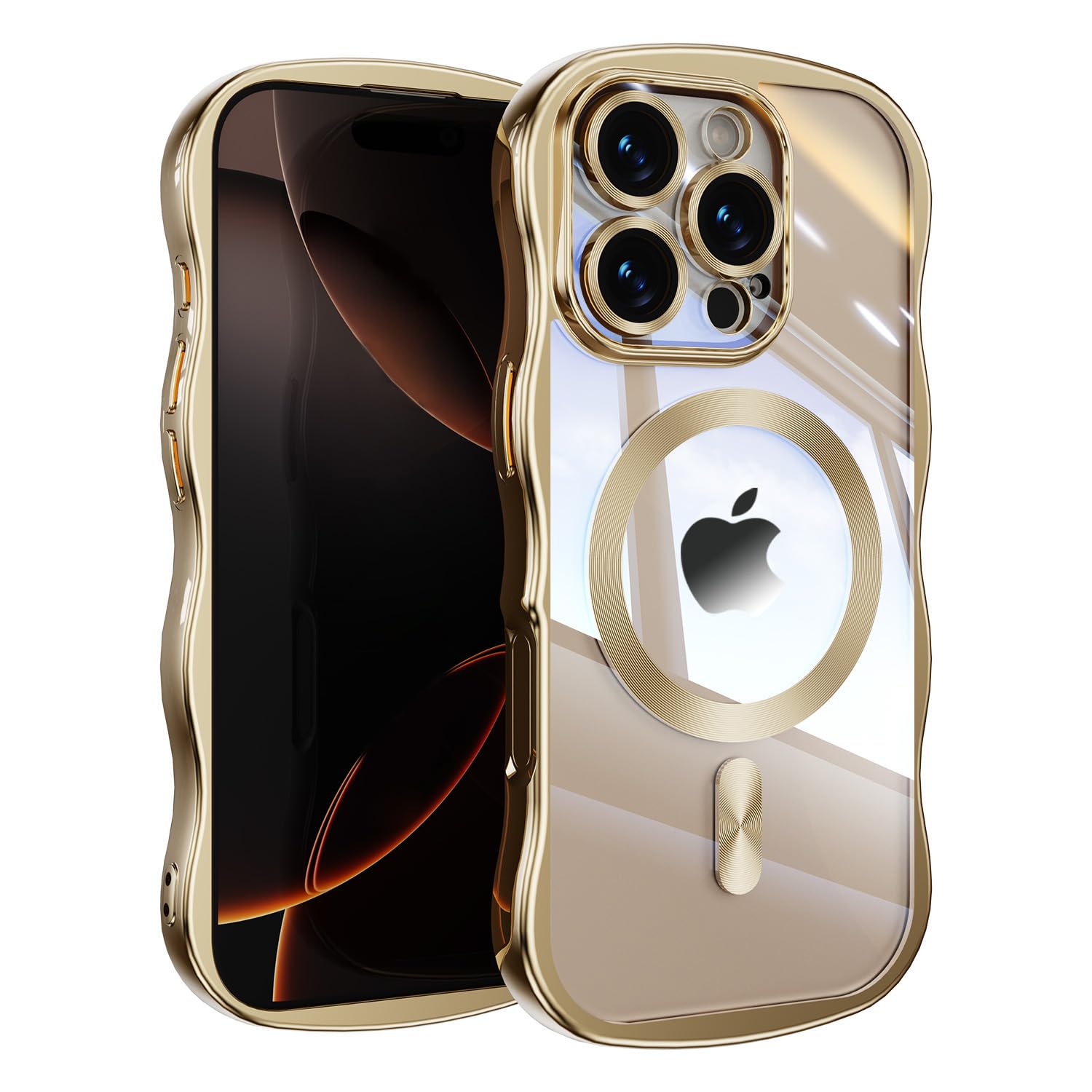 【ウェーブエッジ&高級なメッキ加工】 JOOBOY スマホケース 対応 iPhone 16 Pro Max ケース MagSafe対応 クリア 透明 レンズフィルム保護カバー 波形 高級なTPU素材 ソフト 衝撃吸収 ストラップホール付き アイフォン16プロマックス 携帯電話カバー (ゴールド, iPhone16 Pro Max)