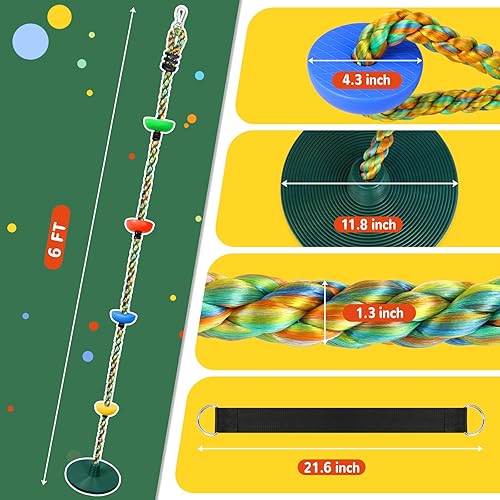 Miniatura 3 de Columpio de árbol para niños, juego de cuerda de escalada de asiento de un solo disco resistente con correa para colgar y mosquetones de plataforma