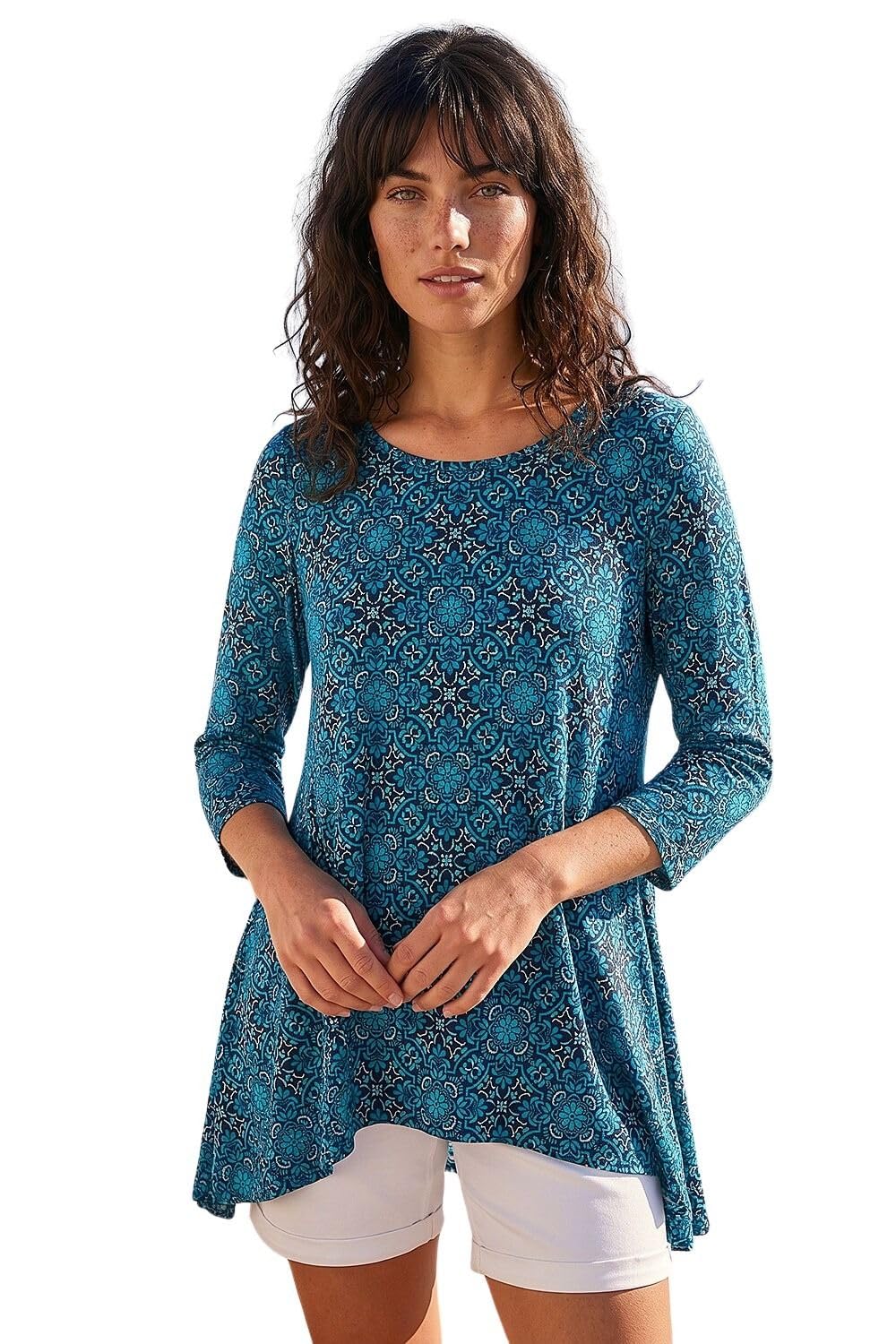 Roman Originals Women's Abstract Cyan Hanky Hem Tunic Top For Uk - Longline Blouse Asymmetric Hemline Casual Slouch Loose 3/4 Sleeves Round Neck Relaxed Comfortable Holiday - Size 14