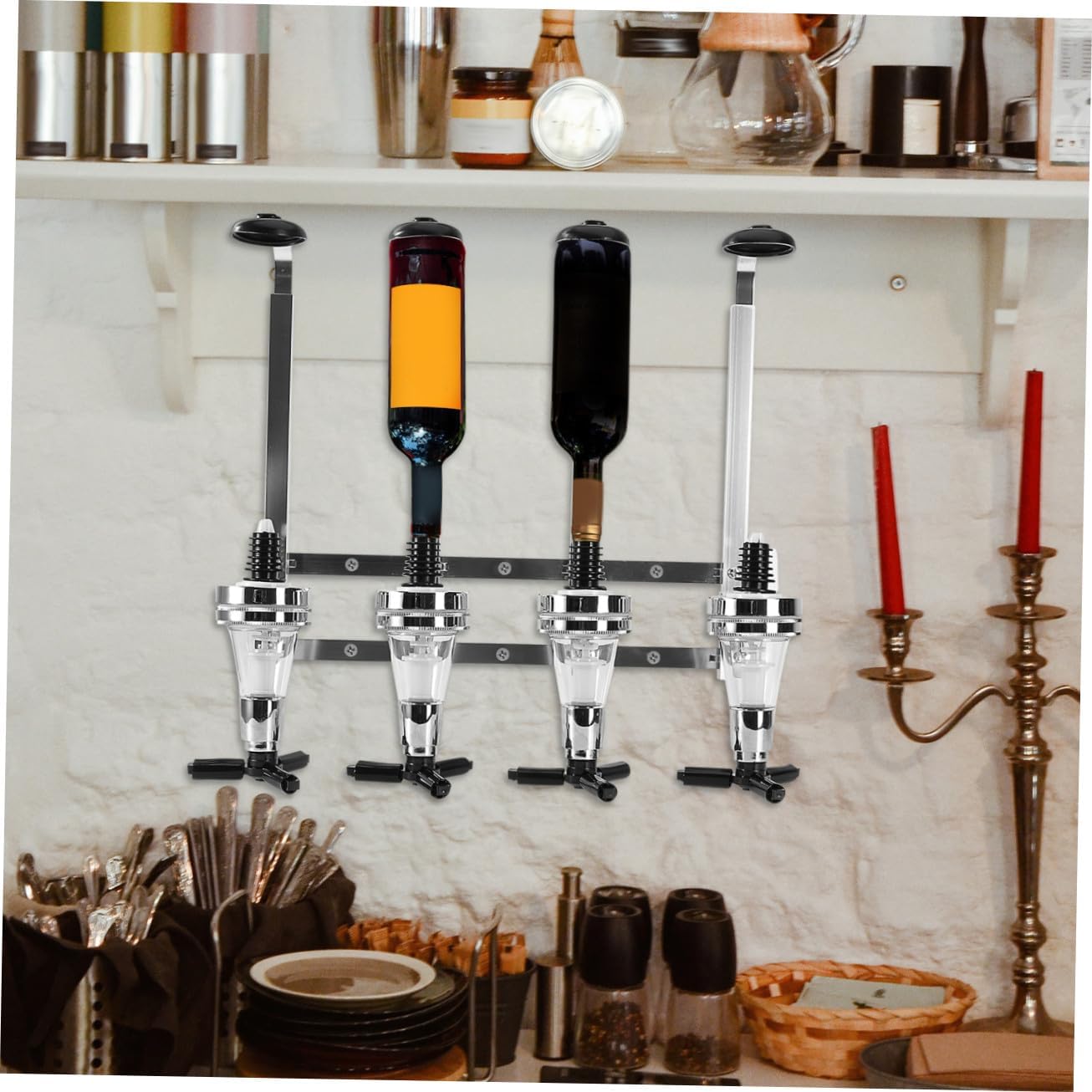 Wall Mounted Wine Dispenser Liquor Pourer for Home Bar Space-Saving Design with Leakproof Measuring Cups Compatible with Bottles