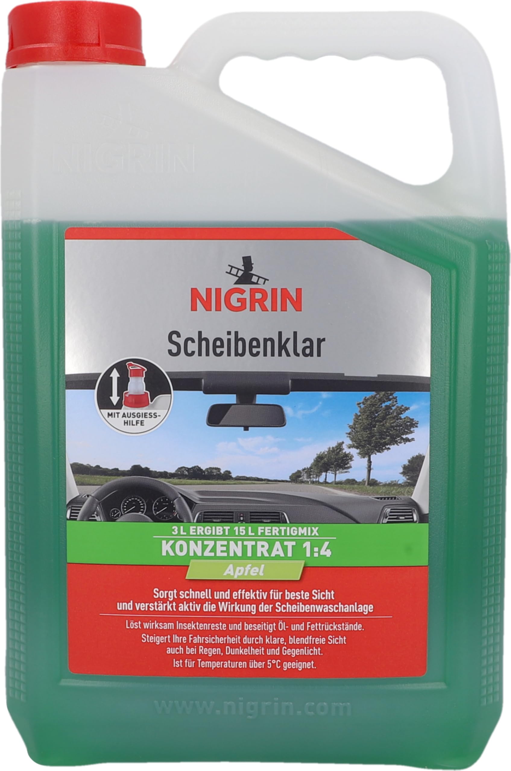 NIGRIN Scheibenklar Konzentrat 1:4 Apfel | 3 Liter | Reinigungszusatz für Autoscheiben und Scheinwerfer | integrierte Ausgießhilfe | entfernt Insekten, Fett | schlierenfrei | sehr ergiebig | ab 5°C