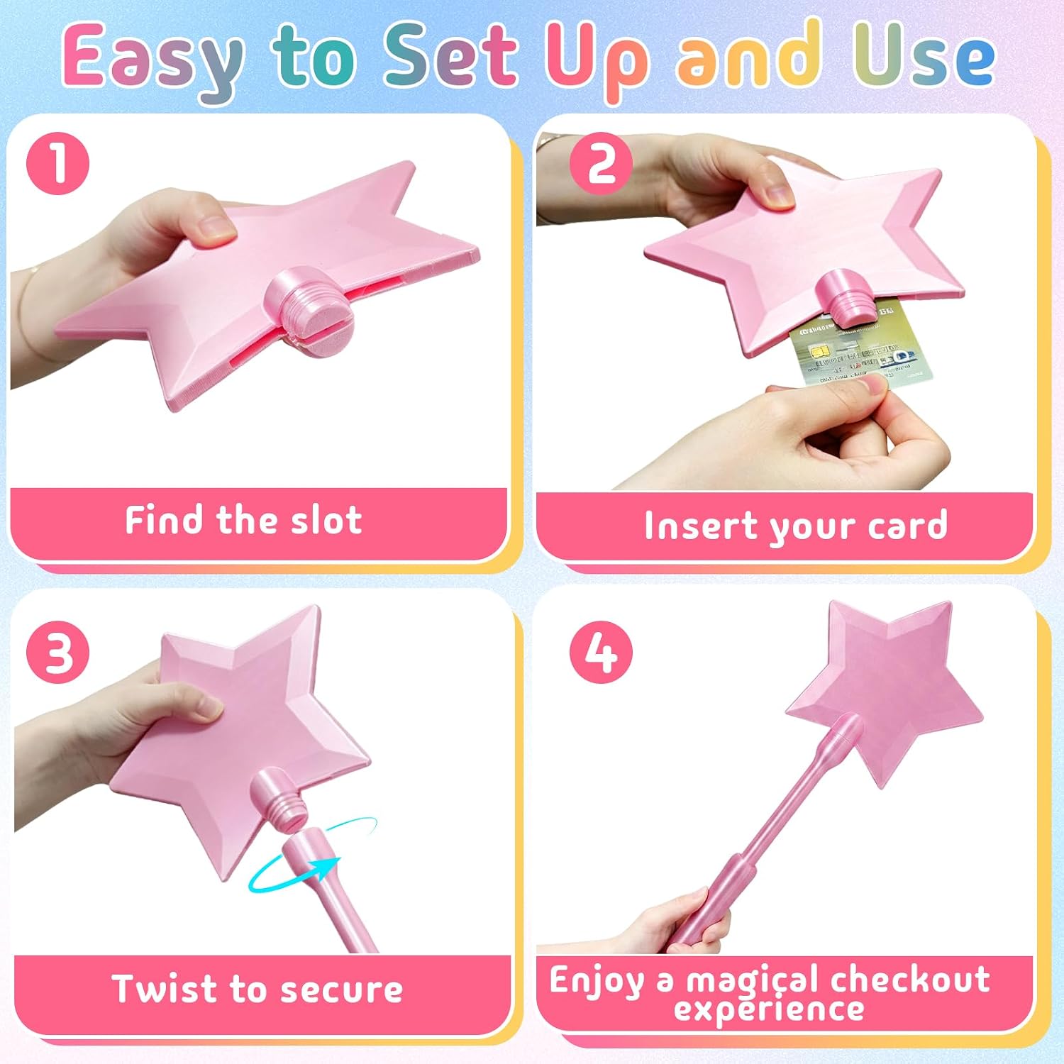 Perivy Credit Card Wand Holder, 3D Printed Fairy Wand Credit Card Holder with Hidden Card Storage, Tap to Pay for Contactless Payment, Drive Thru Checkout, Parking, Cosplay and Gifts(Pink Star)