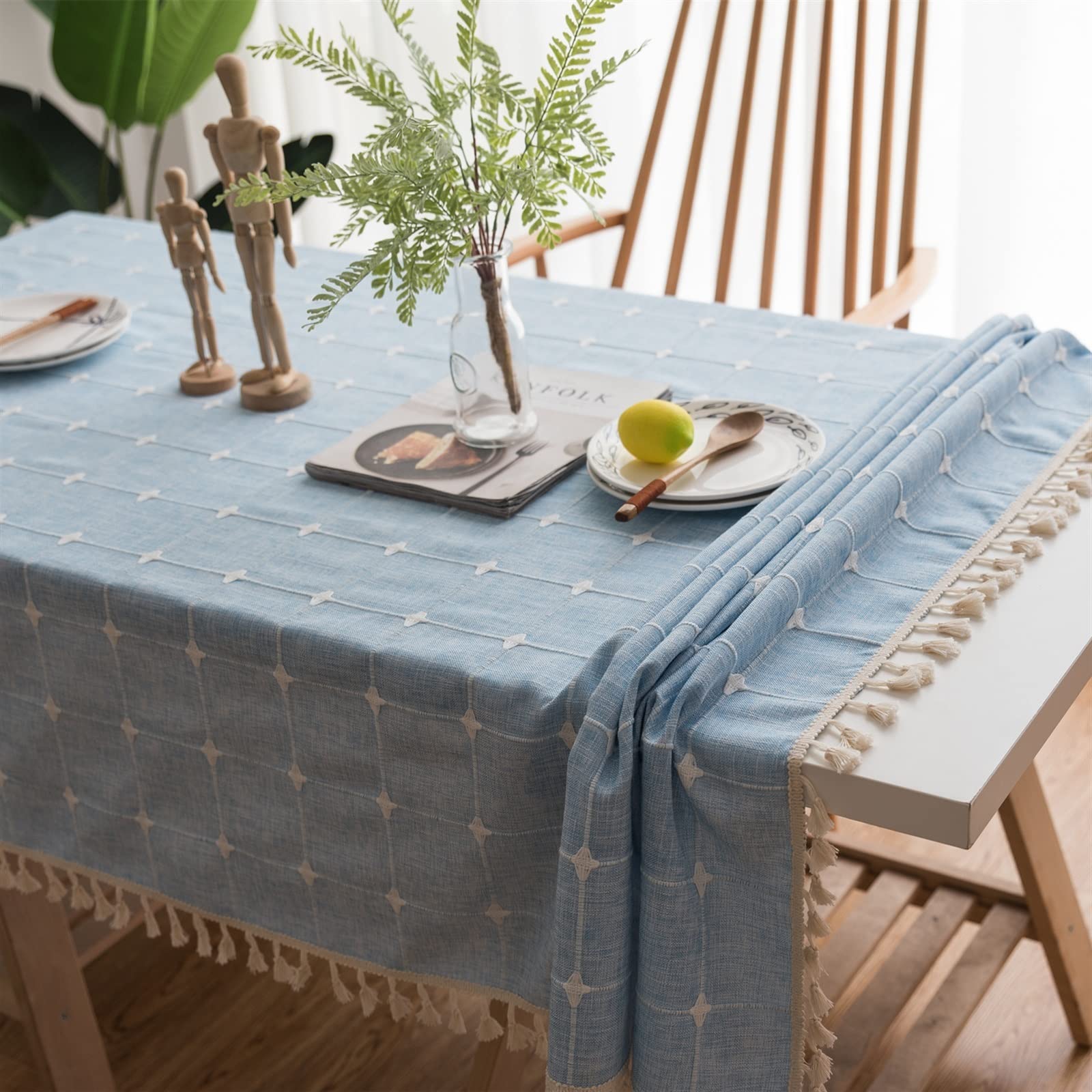 Japan Style Cotton Linen Obrus ​​Niebieskie Paski Chusta Haftowane Prostokątny Stół Obrus ​​Dekoracje Kuchenne Domu Tabeli Pokrywy(Light Blue,110x110cm)