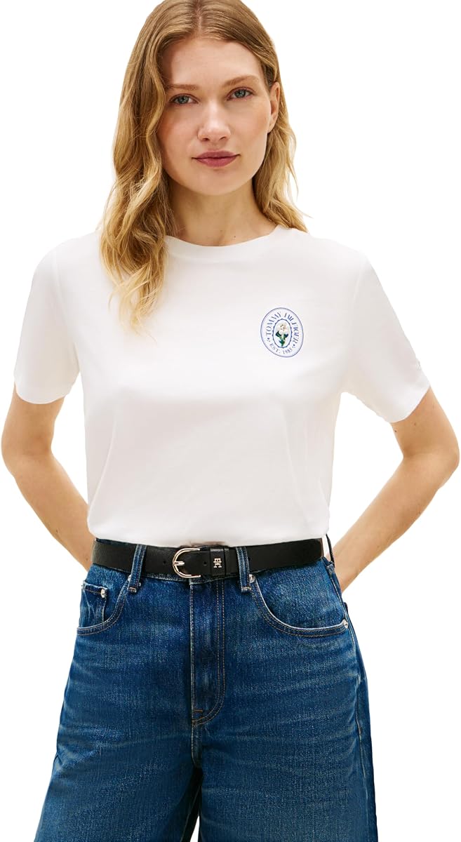 Tommy Hilfiger Camisetas de cuello redondo con logotipo gráfico de algodón de manga corta para mujer