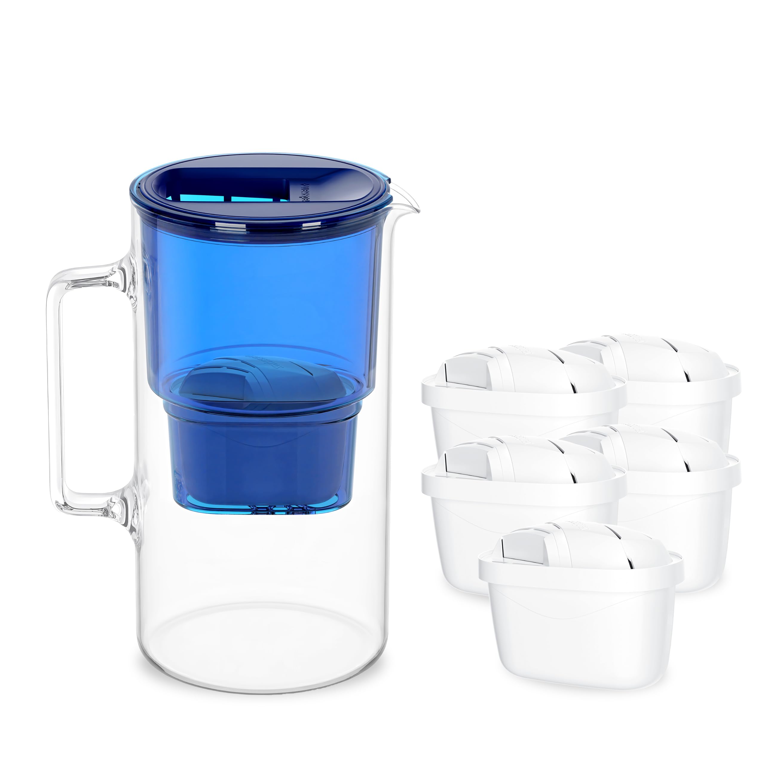 Wessper Jarra Filtro Agua Cristal 3 litros, juego con 5 Filtros - Azul | jarras con filtros de agua, filtro carbón activo, sin BPA