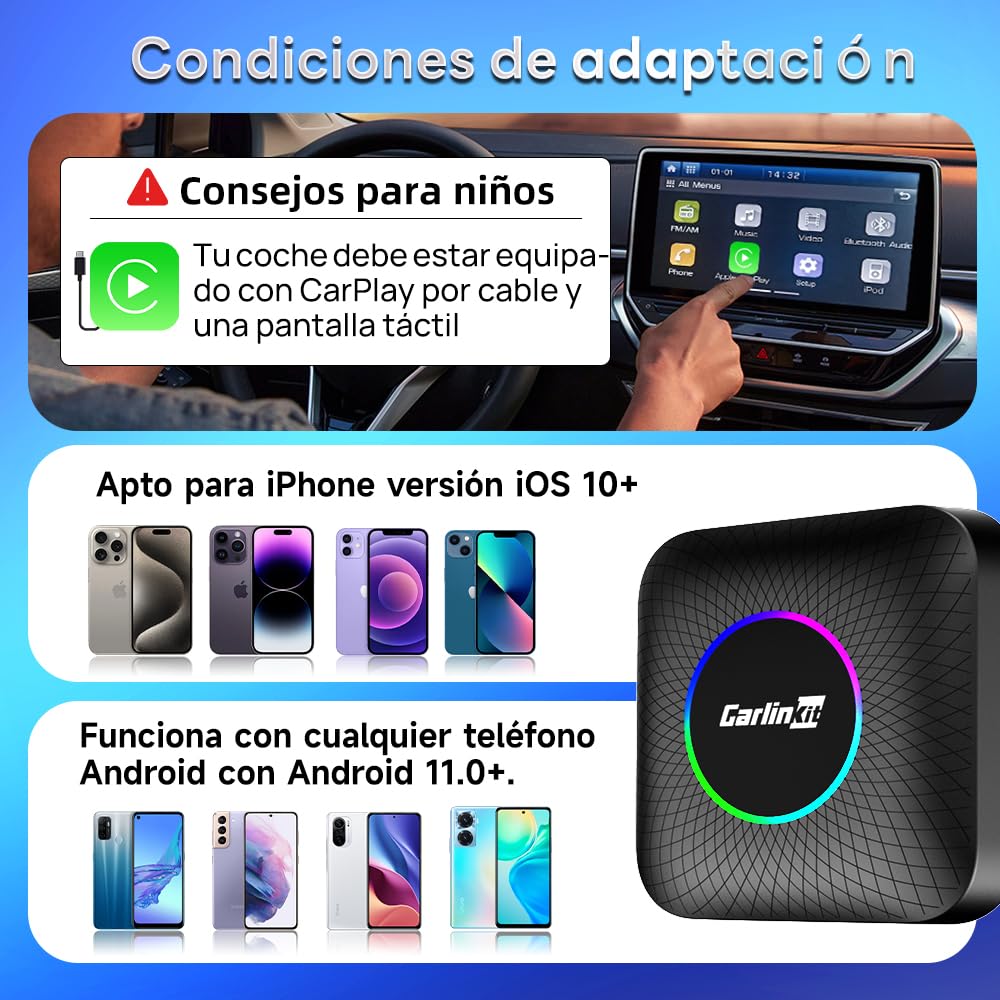 CarlinKit AIBox inalámbrico Carplay/Android Auto Versión LED del Adaptador, Apto para Modelos CarPlay con Cable, Sistema Android 13.0 8+128G Incorporado, Compatible con Youtube, Netflix, etc.